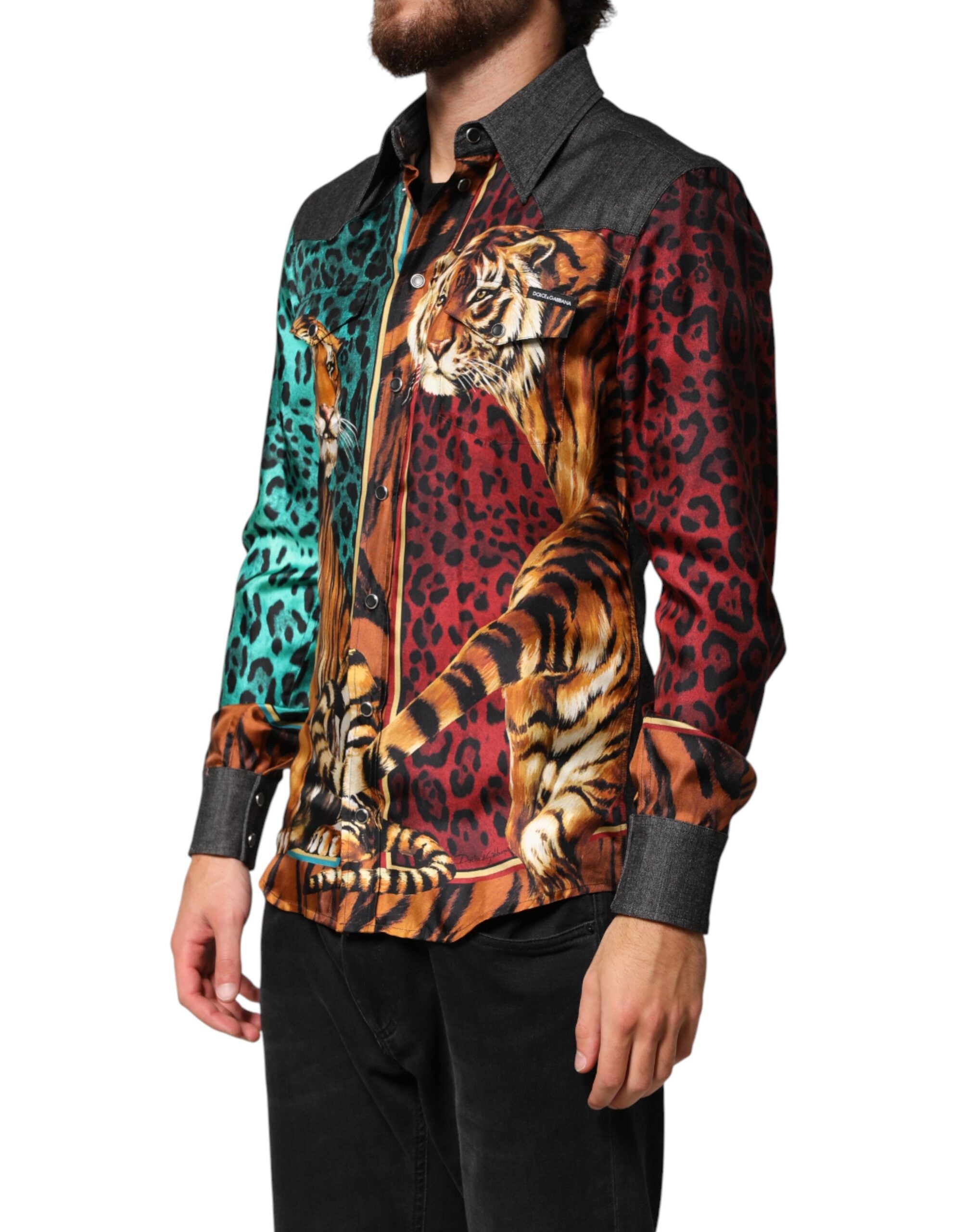 Dolce & Gabbana Mehrfarbiges Seidenhemd für Herren mit Tiger- und Leoparden-Print