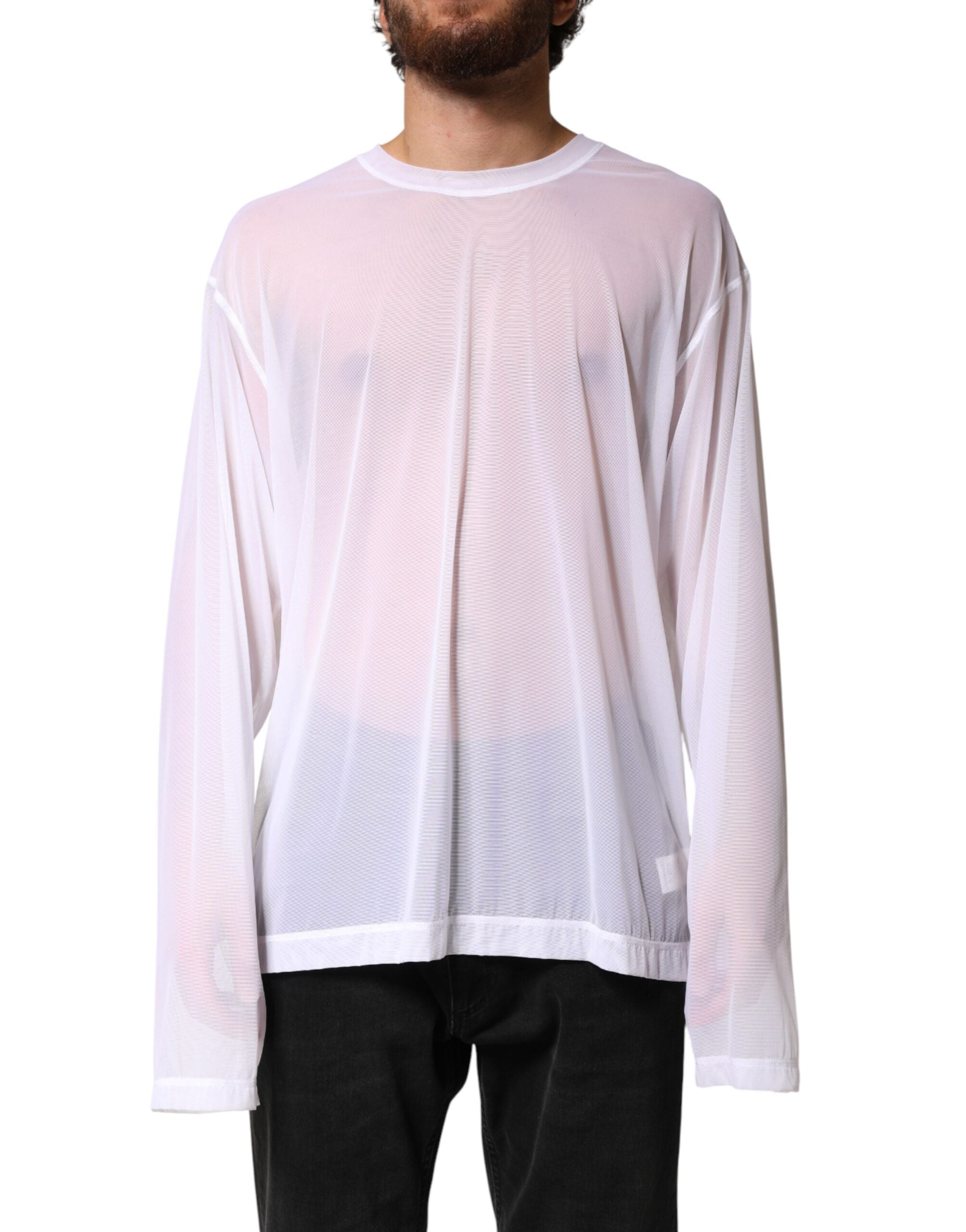 Dolce & Gabbana Weißes Langarm-Rundhals-T-Shirt aus Nylon
