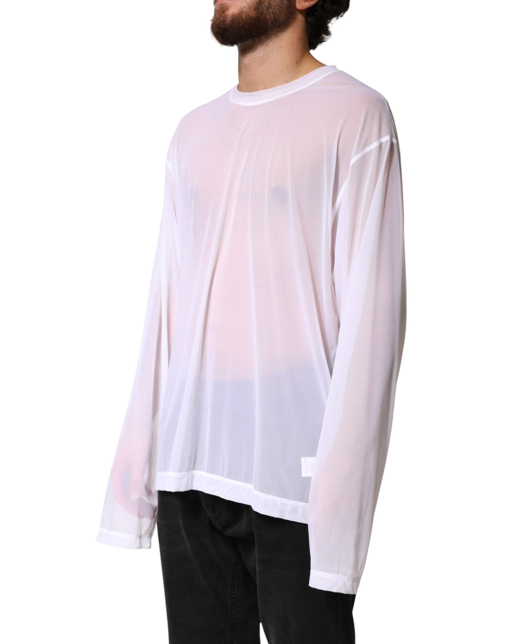 Dolce & Gabbana Weißes Langarm-Rundhals-T-Shirt aus Nylon