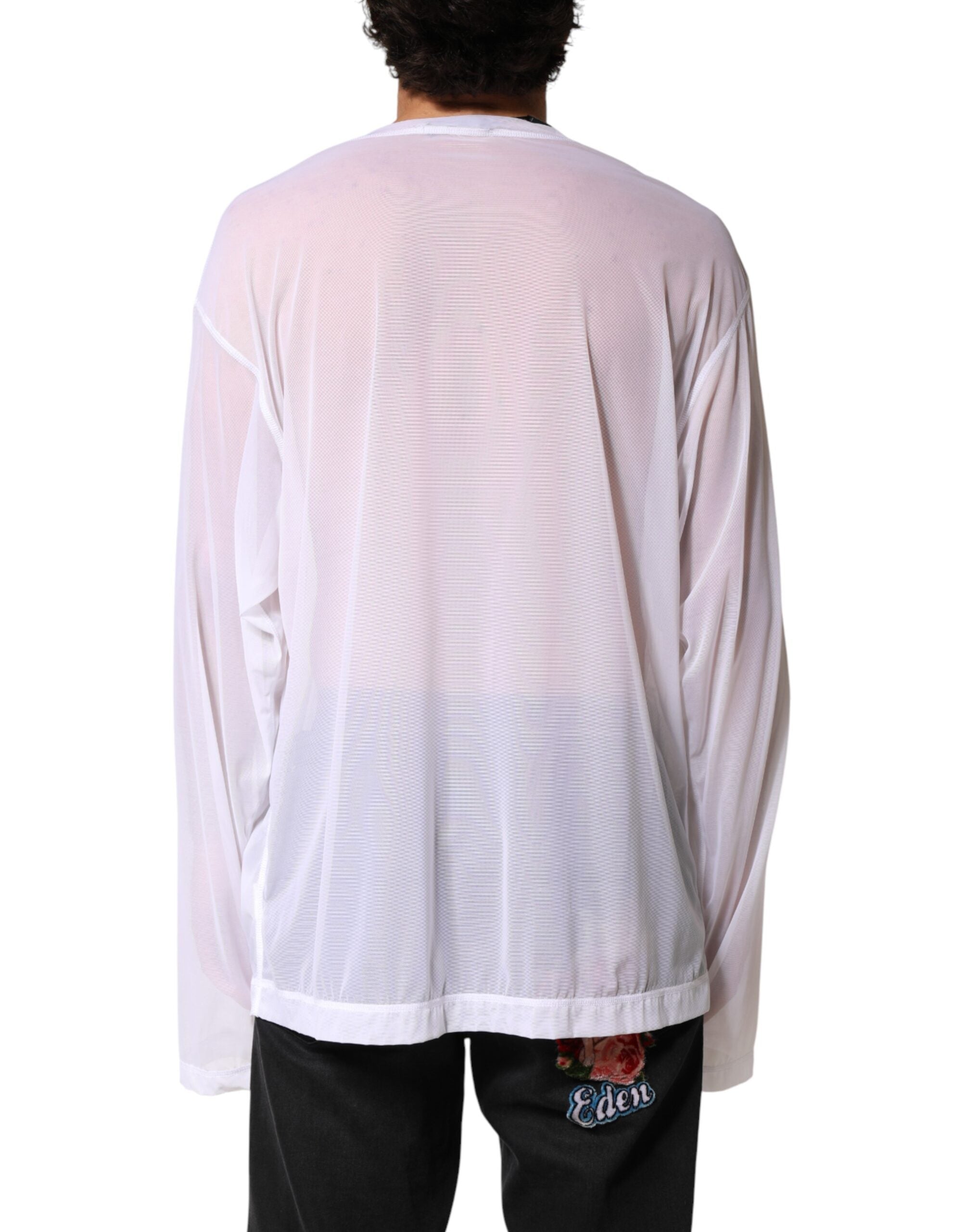 Dolce & Gabbana Weißes Langarm-Rundhals-T-Shirt aus Nylon