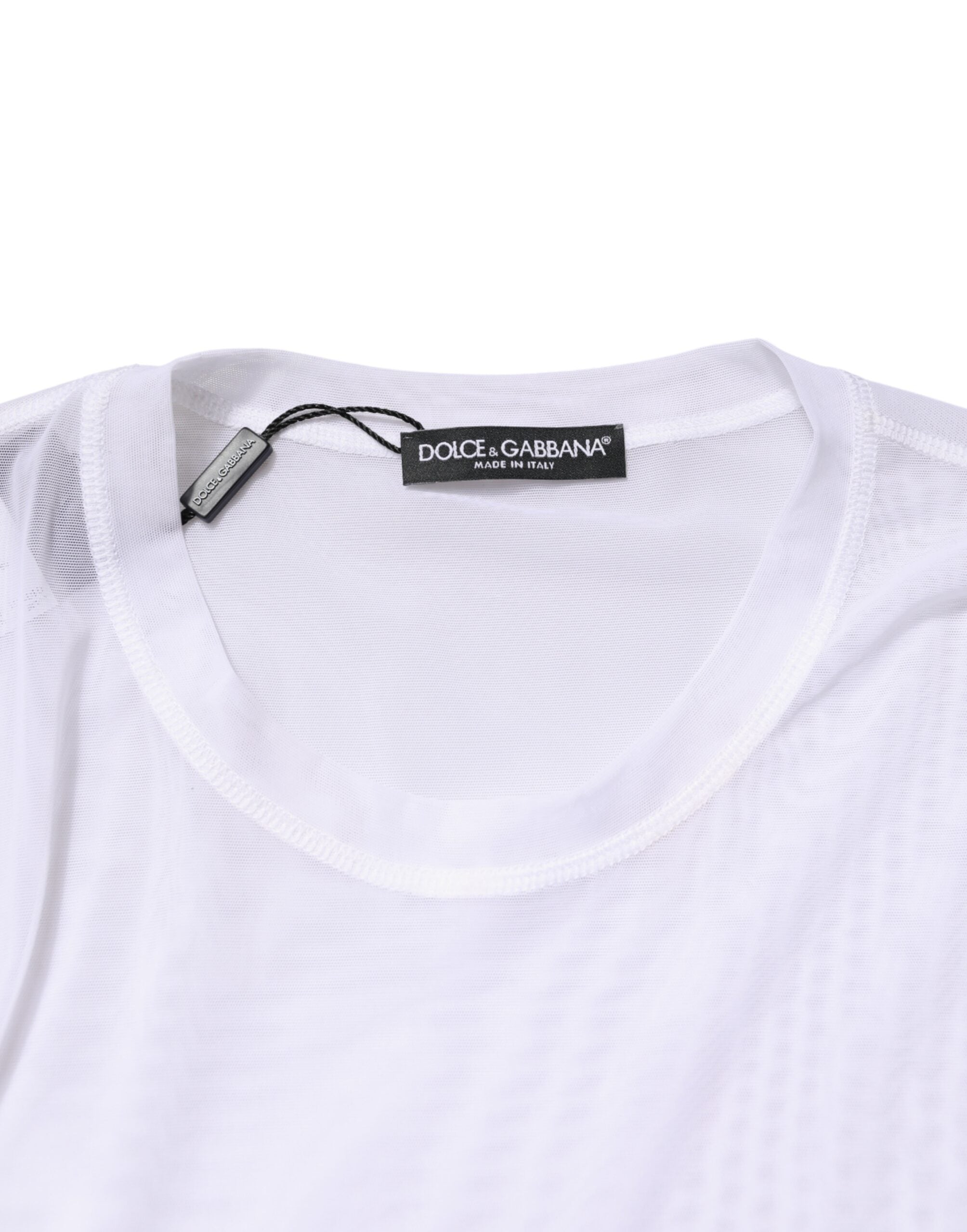 Dolce & Gabbana Weißes Langarm-Rundhals-T-Shirt aus Nylon