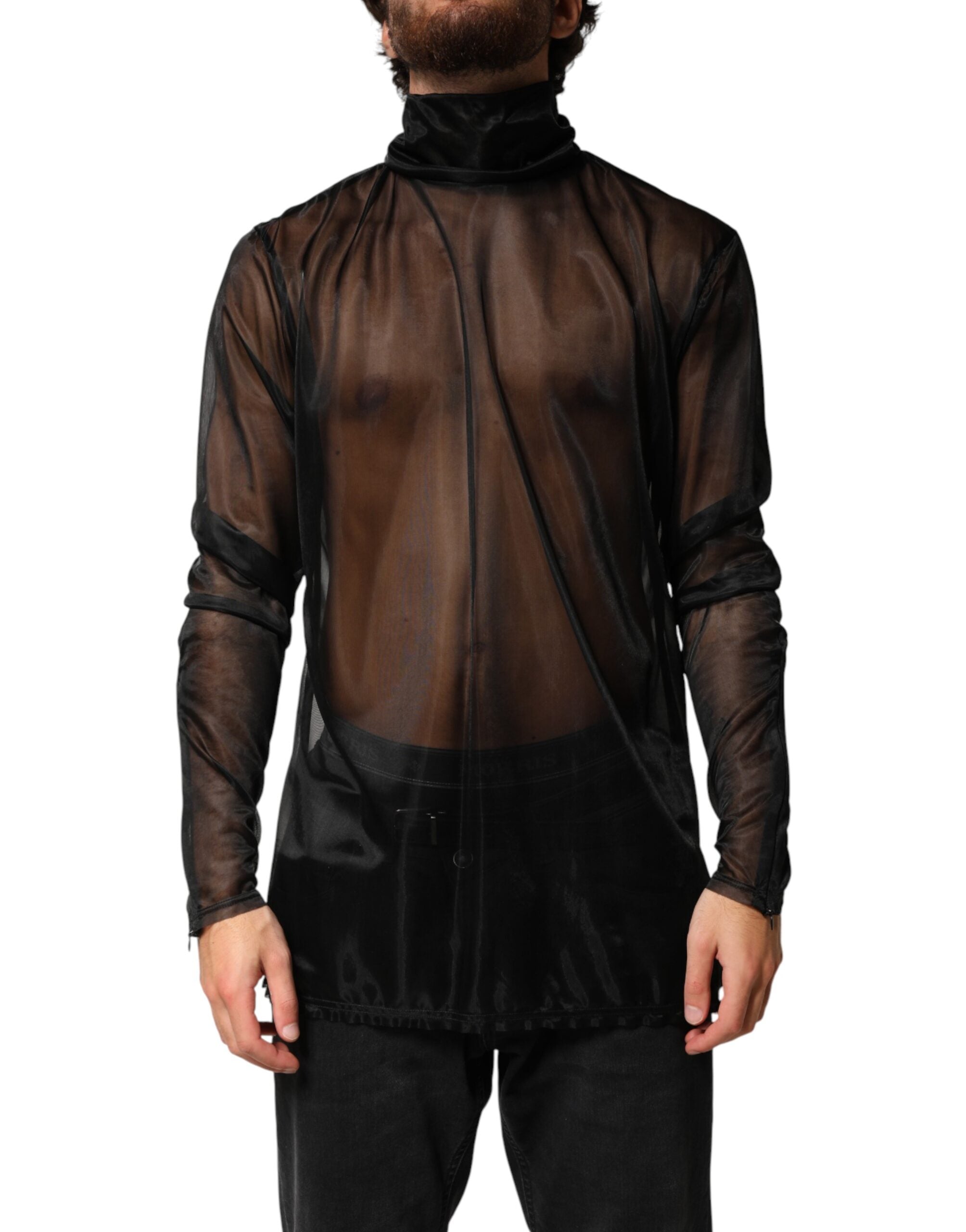 Dolce & Gabbana Schwarzer transparenter Rollkragenpullover mit langen Ärmeln