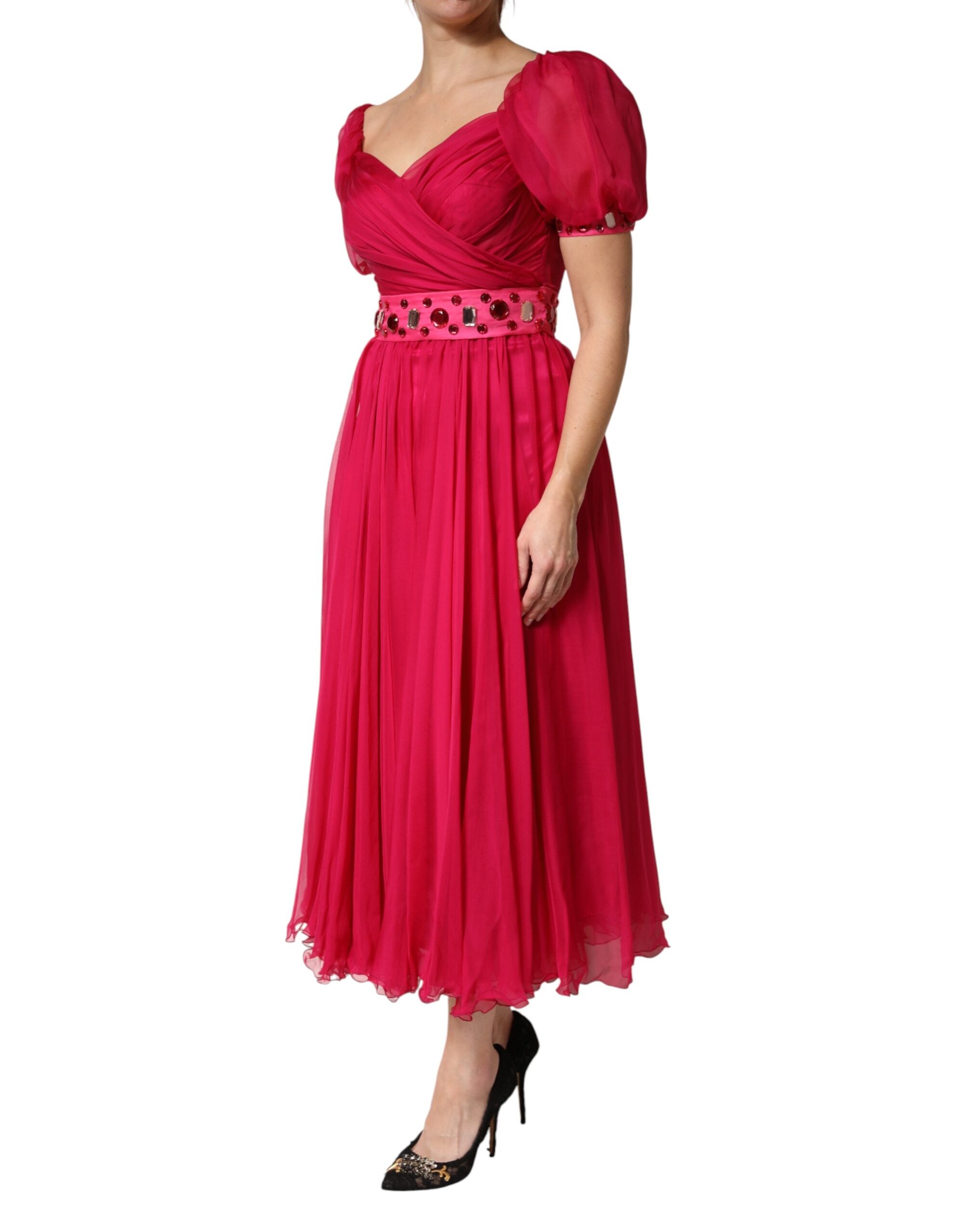 Dolce & Gabbana Rosa Seiden-Midi-Kleid in A-Linie mit Verzierungen