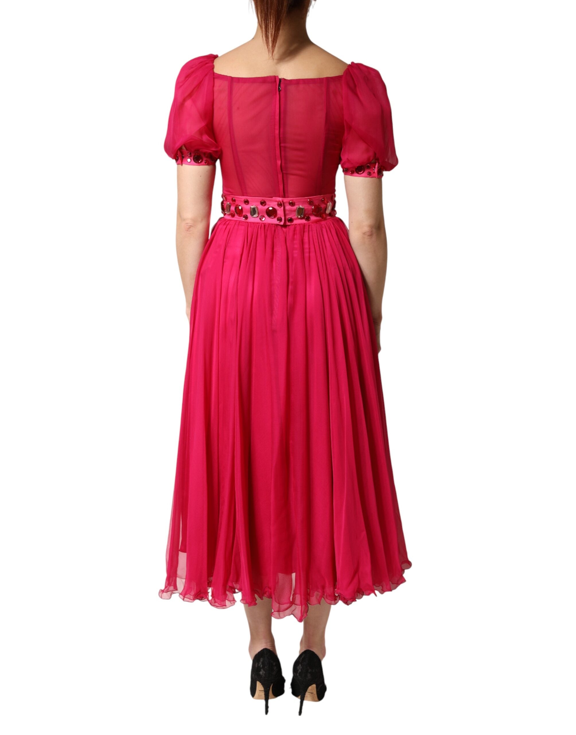 Dolce & Gabbana Rosa Seiden-Midi-Kleid in A-Linie mit Verzierungen