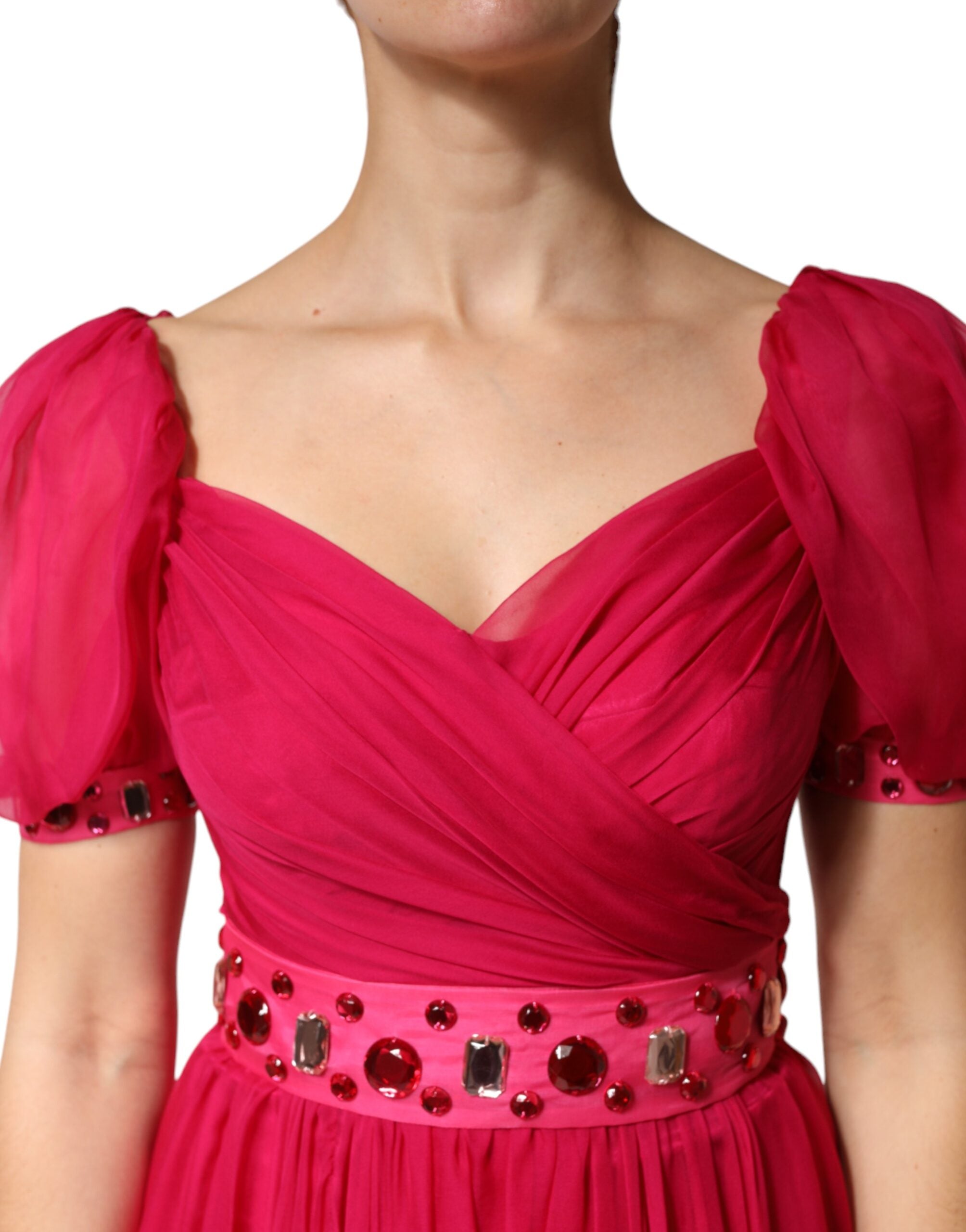 Dolce & Gabbana Rosa Seiden-Midi-Kleid in A-Linie mit Verzierungen