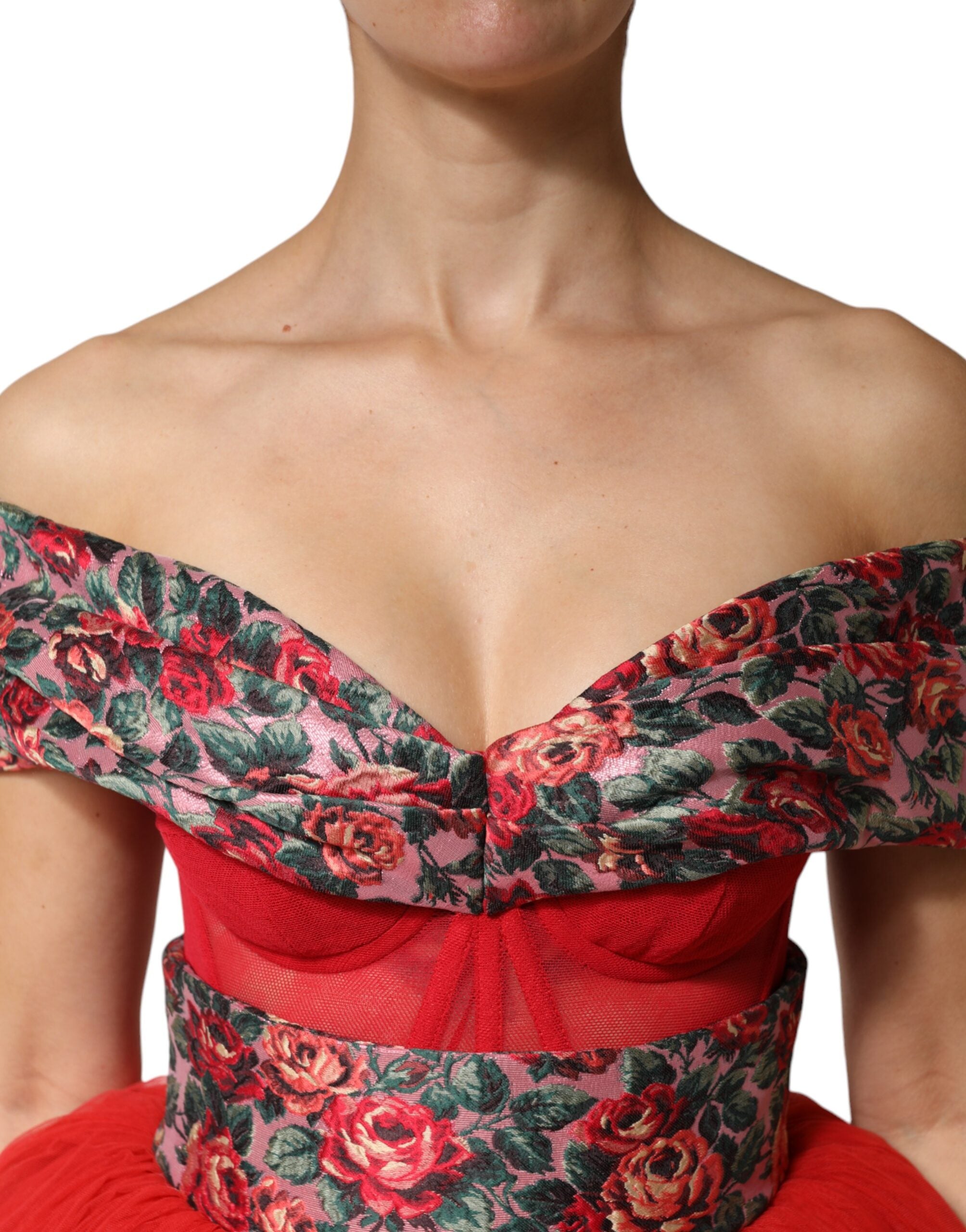 Dolce & Gabbana Rotes Blumen-Abendkleid mit Carmen-Ausschnitt und A-Linie