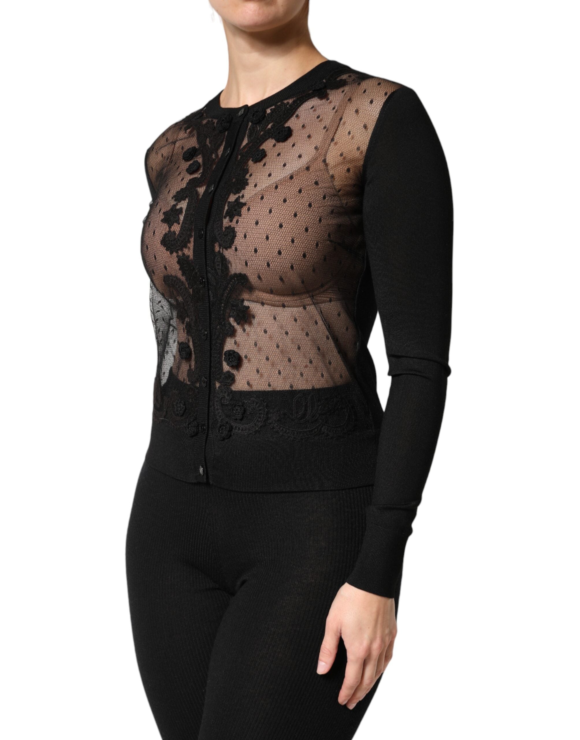 Dolce & Gabbana Schwarzer transparenter Cardigan-Pullover mit Knopfleiste