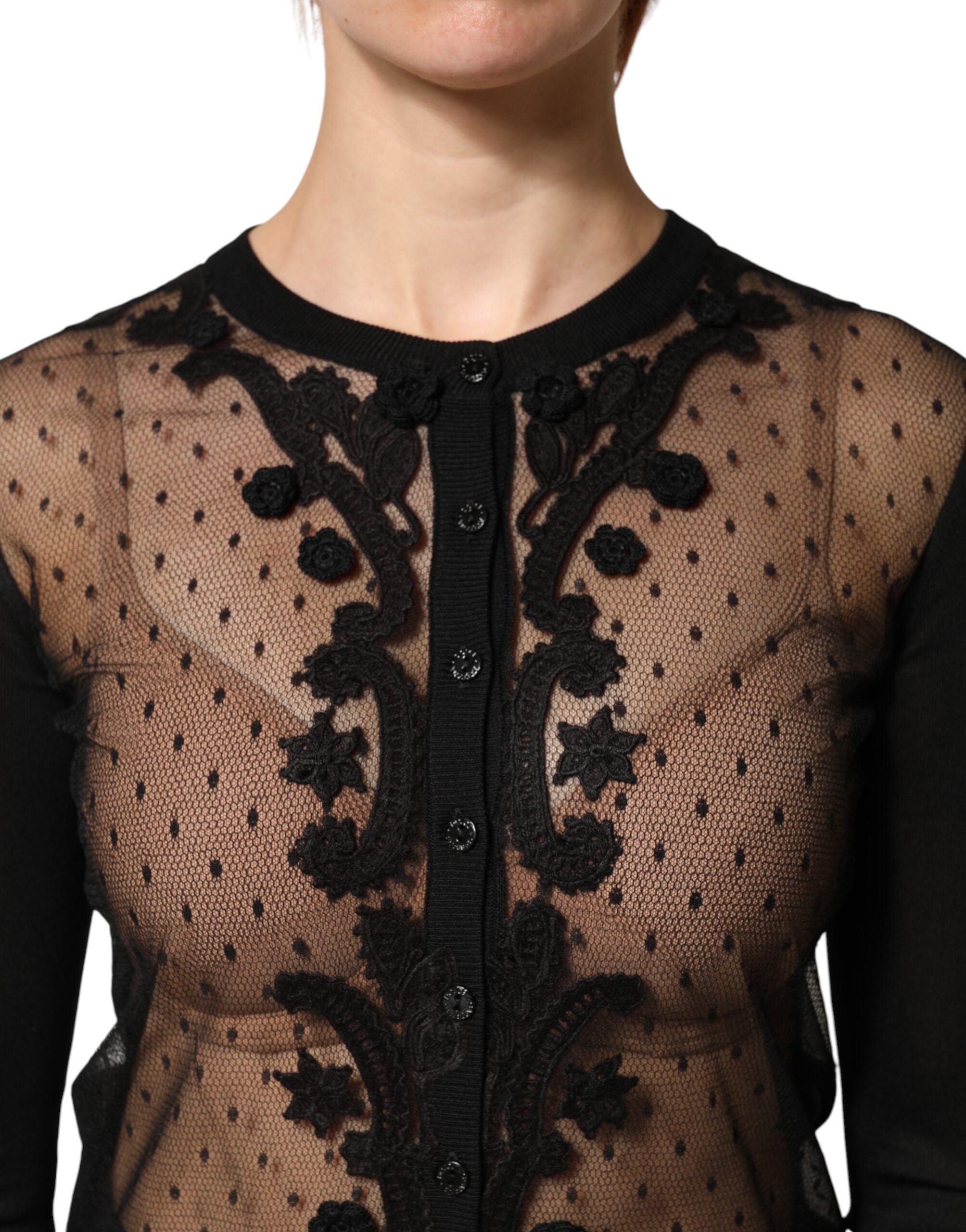 Dolce & Gabbana Schwarzer transparenter Cardigan-Pullover mit Knopfleiste