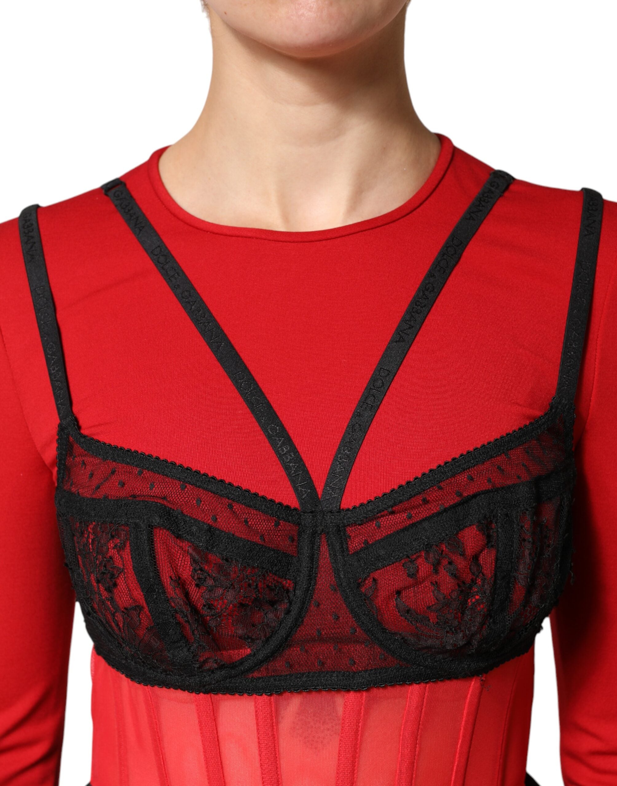 Dolce & Gabbana Rotes schwarzes Bralette-Crop-Top aus Nylon
