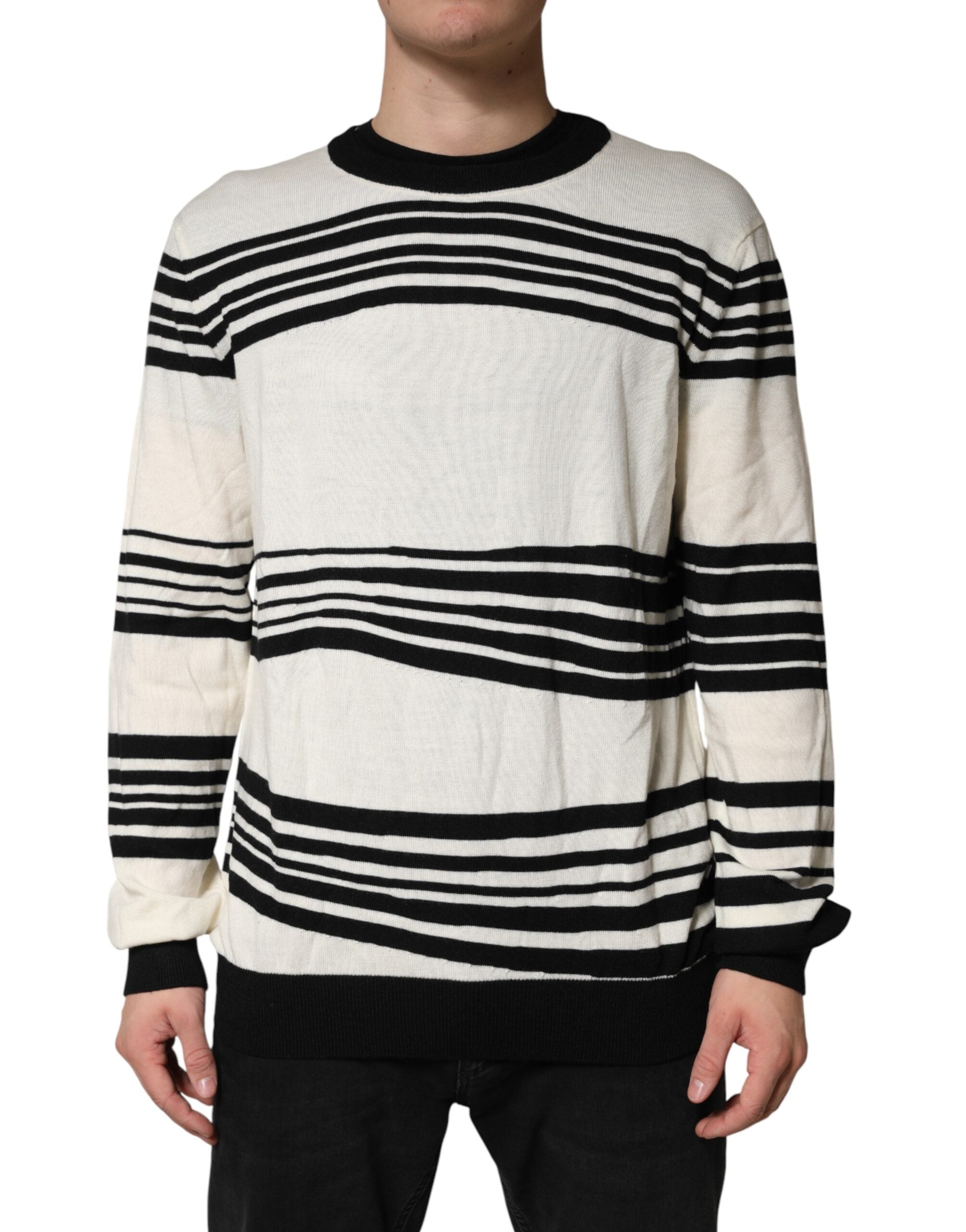 Dolce & Gabbana Pullover-Pullover mit schwarzem und weißem Streifenmuster und Rundhalsausschnitt