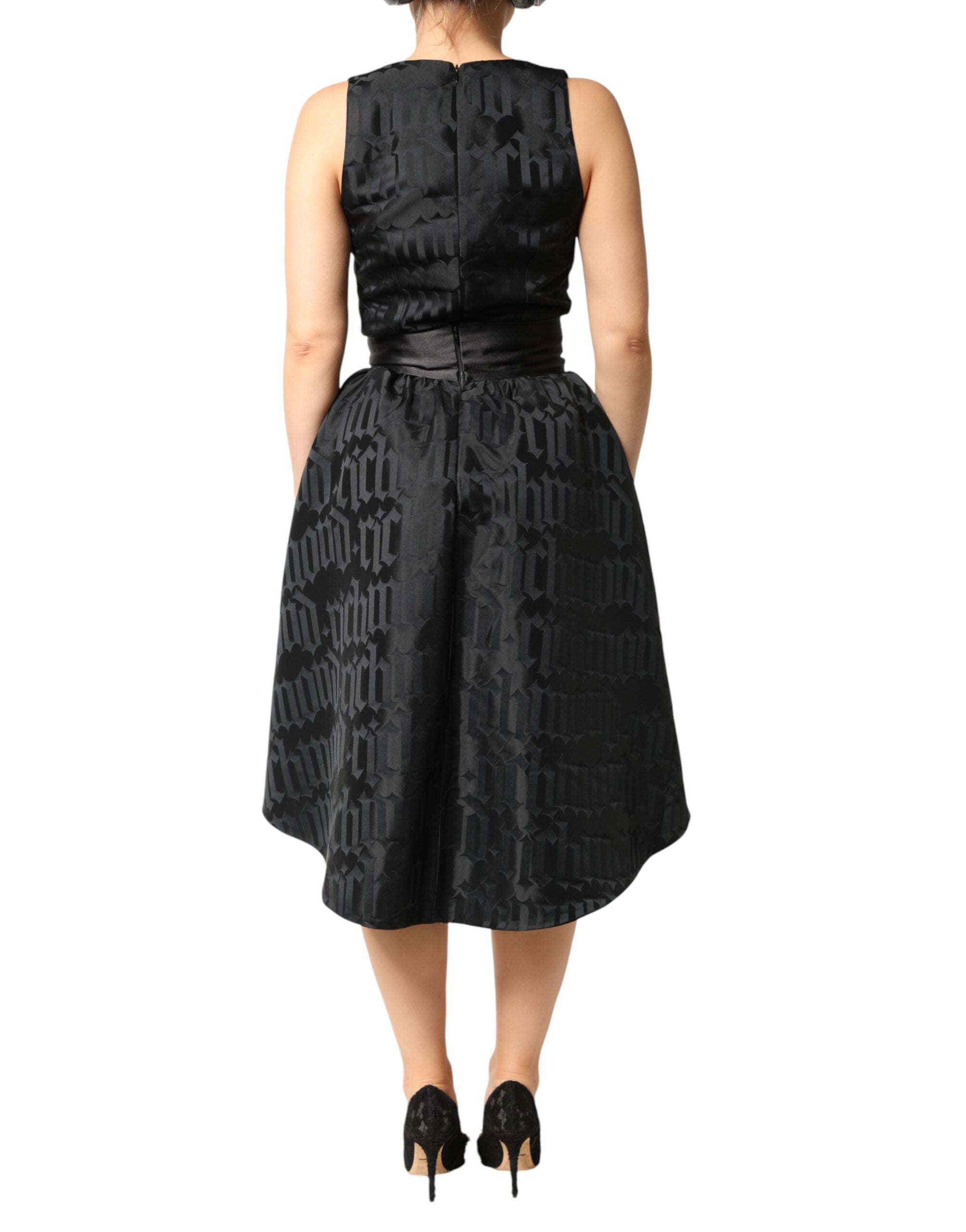 John Richmond Schwarzes Jacquard-Kleid mit tiefem V-Ausschnitt und Spaghettiträgern, zweiteilig