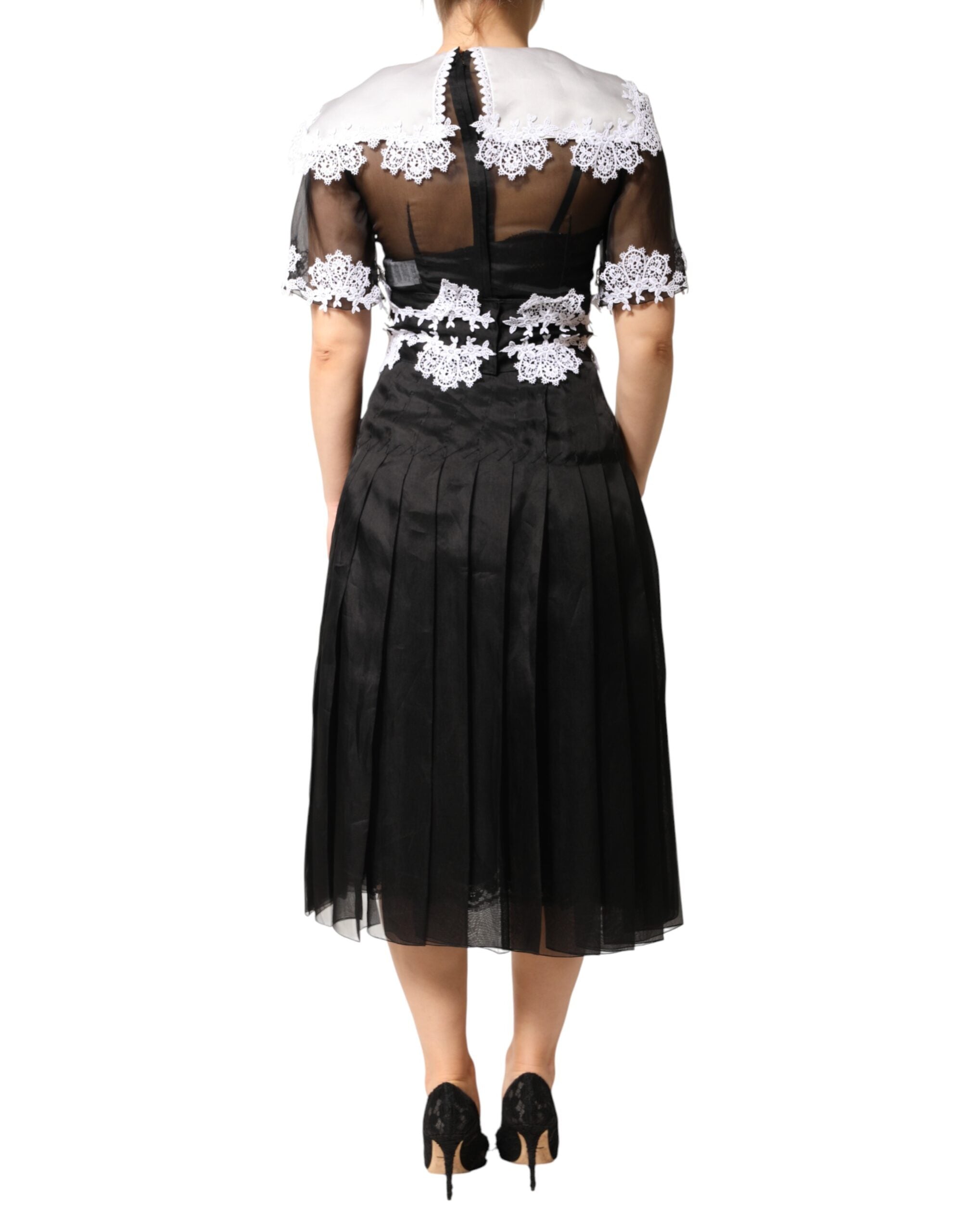 Dolce & Gabbana Schwarzes Seiden-Midi-Kleid mit Makramee-Spitze