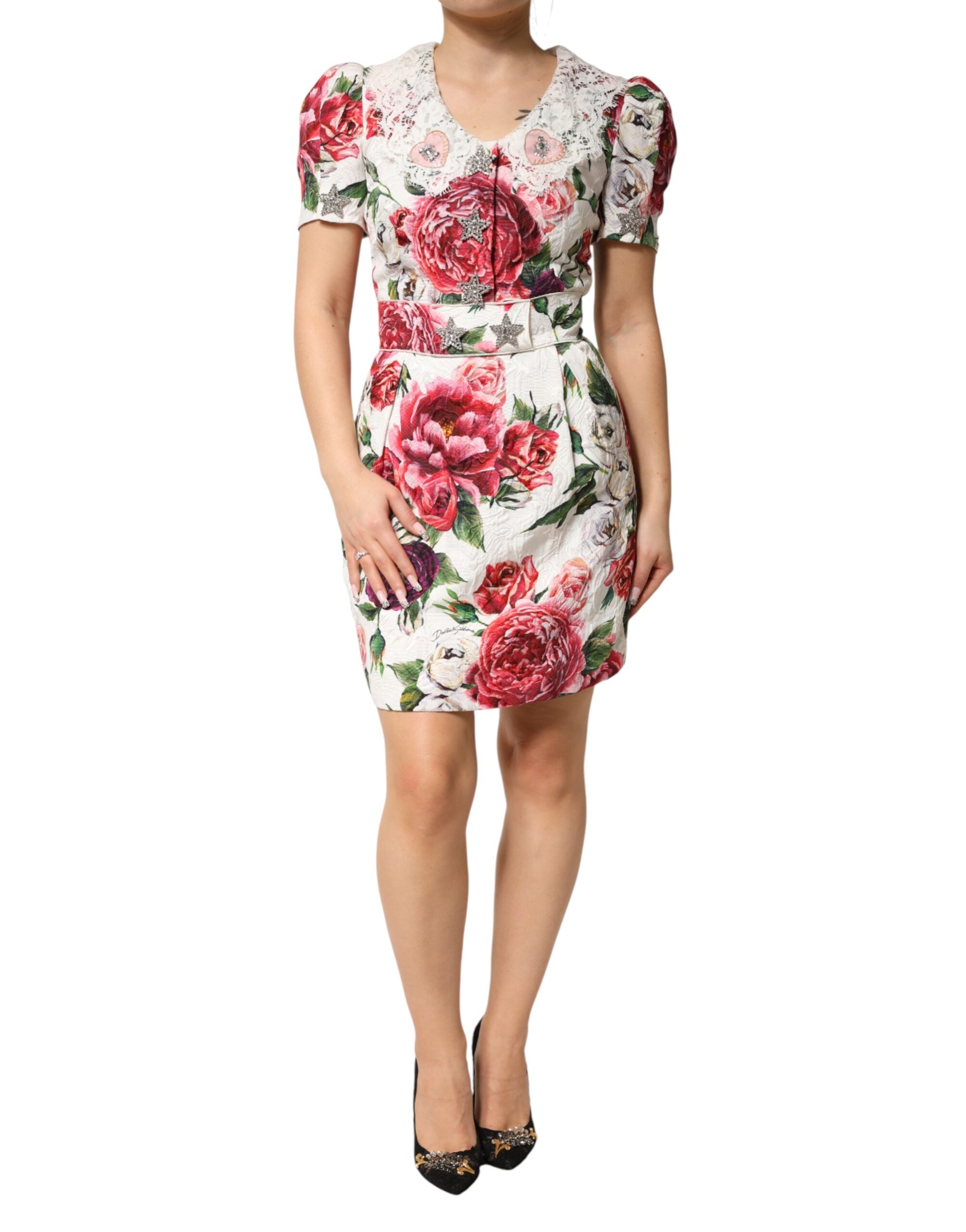 Dolce & Gabbana Weißes Etui-Minikleid mit Blumenstickerei