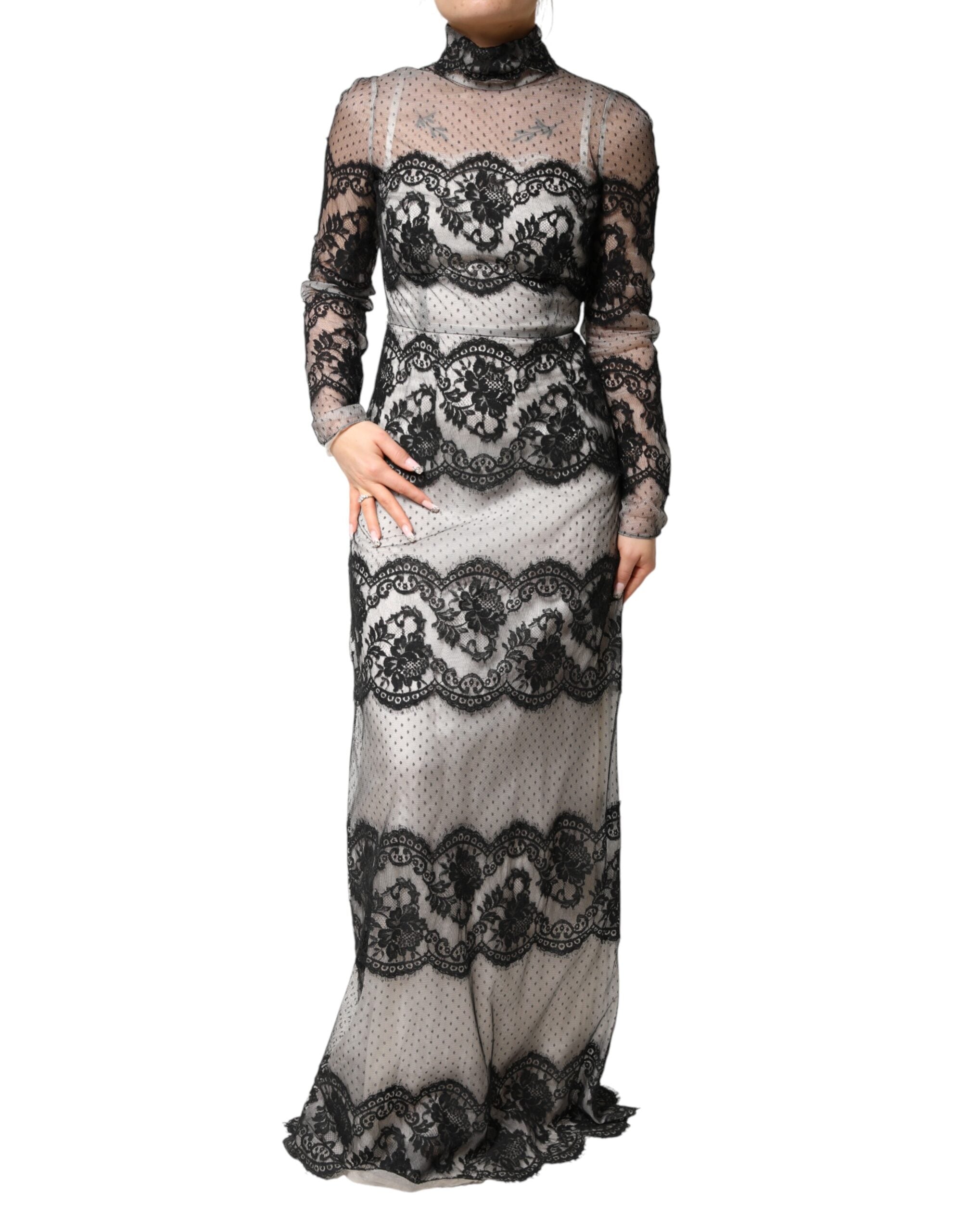 Dolce & Gabbana Schwarzes Maxikleid aus Seidenmischung mit Spitze in Schwarz und Weiß