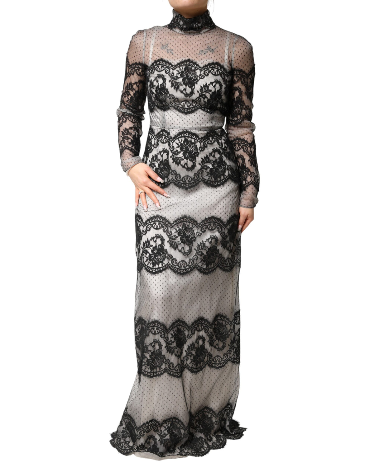 Dolce & Gabbana Schwarzes Maxikleid aus Seidenmischung mit Spitze in Schwarz und Weiß