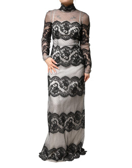 Dolce & Gabbana Schwarzes Maxikleid aus Seidenmischung mit Spitze in Schwarz und Weiß