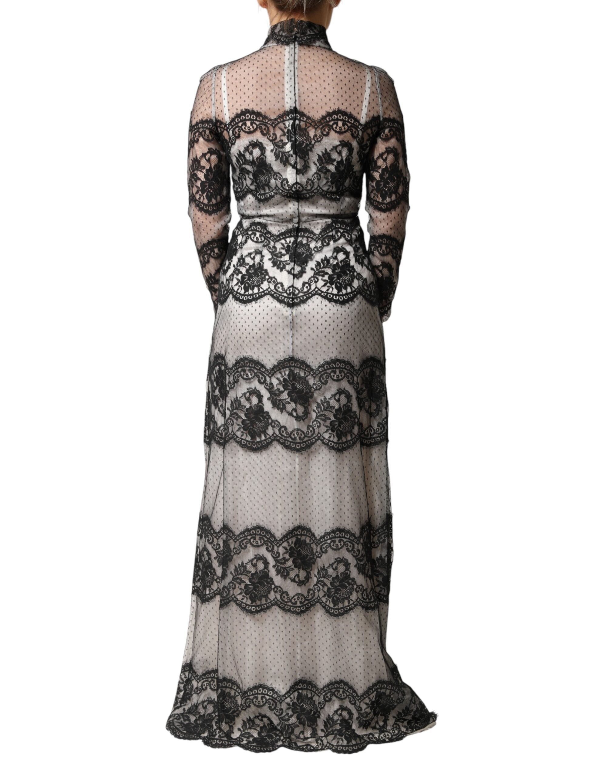 Dolce & Gabbana Schwarzes Maxikleid aus Seidenmischung mit Spitze in Schwarz und Weiß