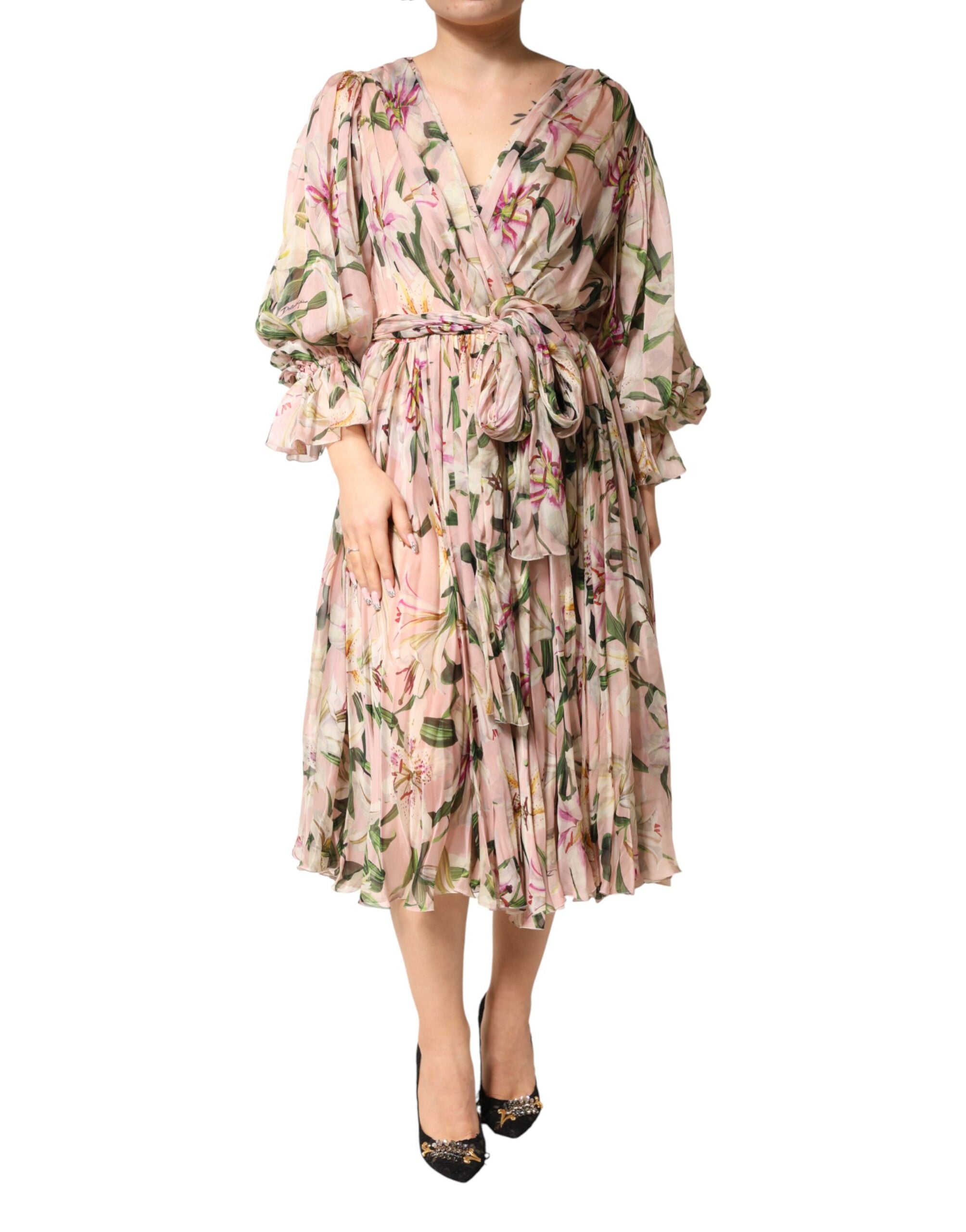 Dolce & Gabbana Maxikleid mit rosa Lilien-Print und Falten in A-Linie