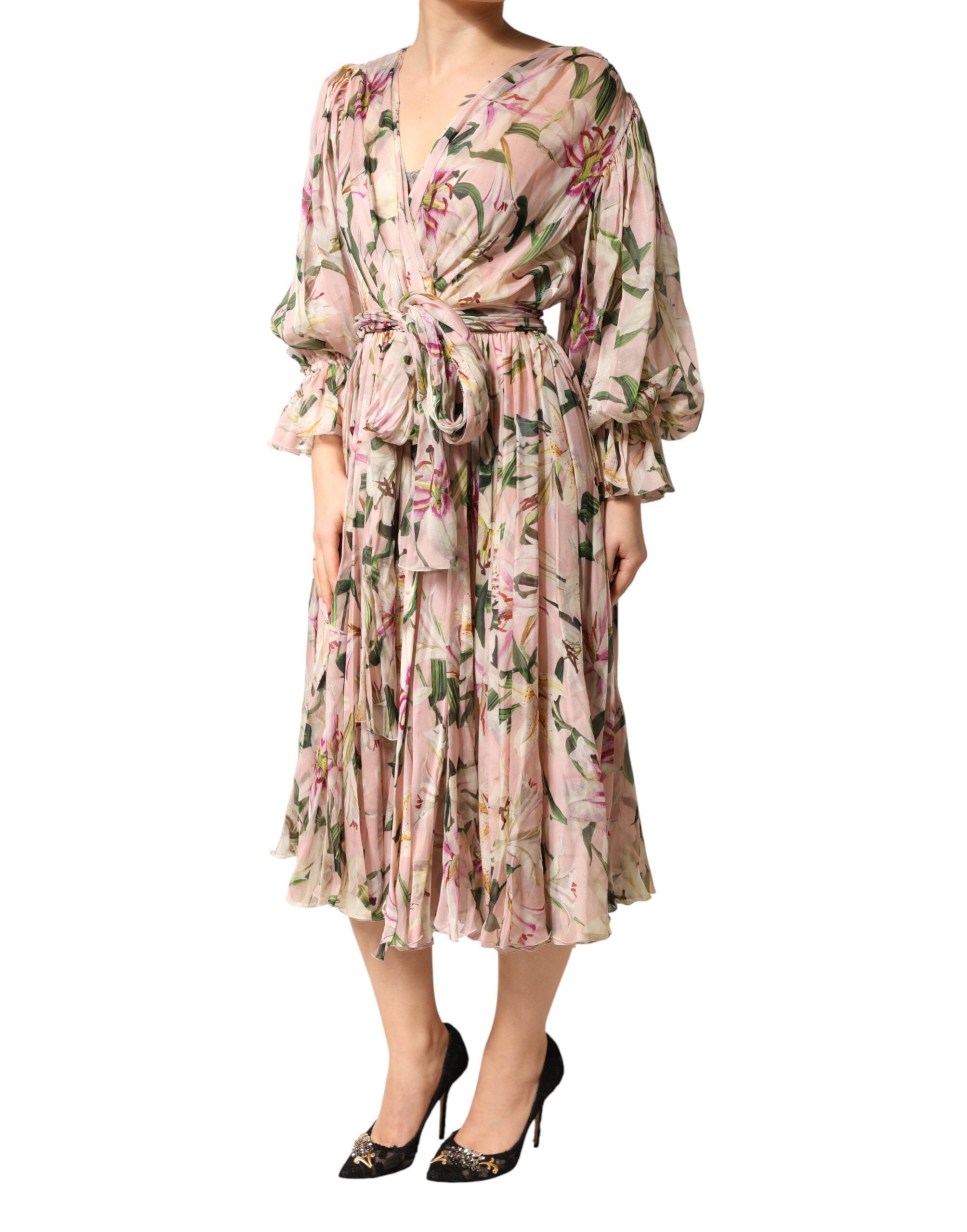 Dolce & Gabbana Maxikleid mit rosa Lilien-Print und Falten in A-Linie