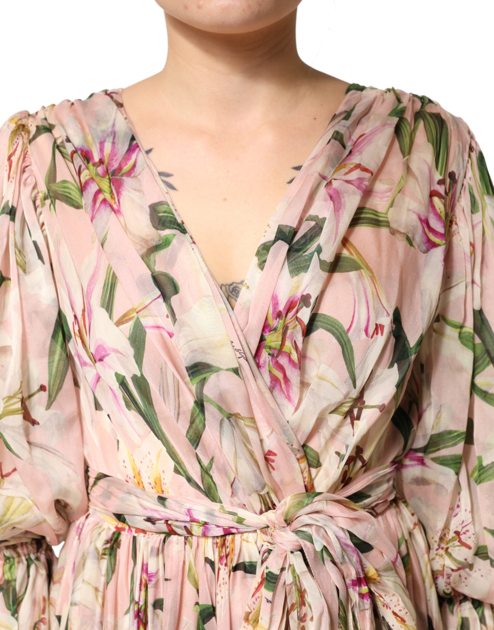 Dolce & Gabbana Maxikleid mit rosa Lilien-Print und Falten in A-Linie