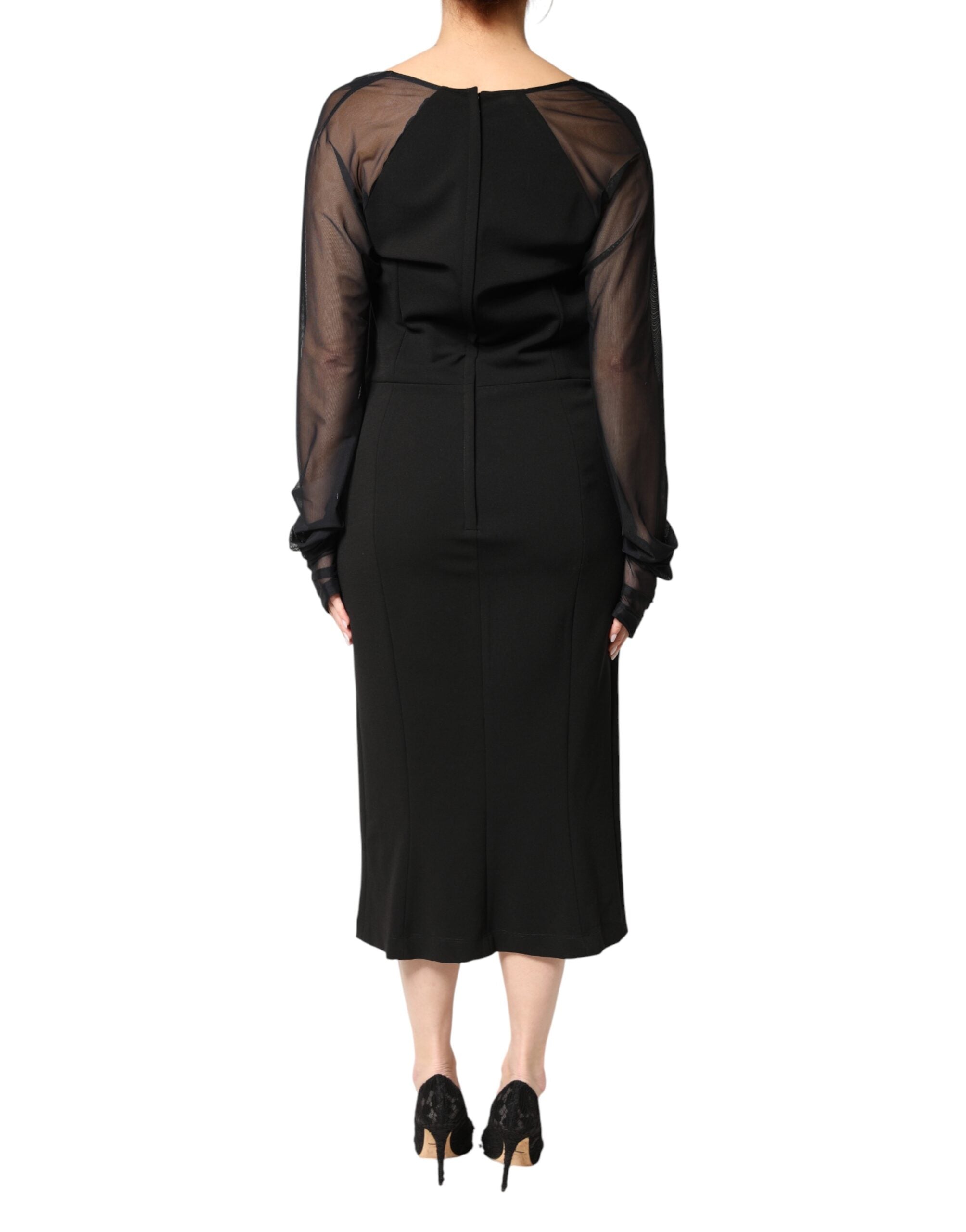 Dolce & Gabbana Schwarzes Etuikleid in Midi-Länge mit transparentem Einsatz und Rosetten-Applikation