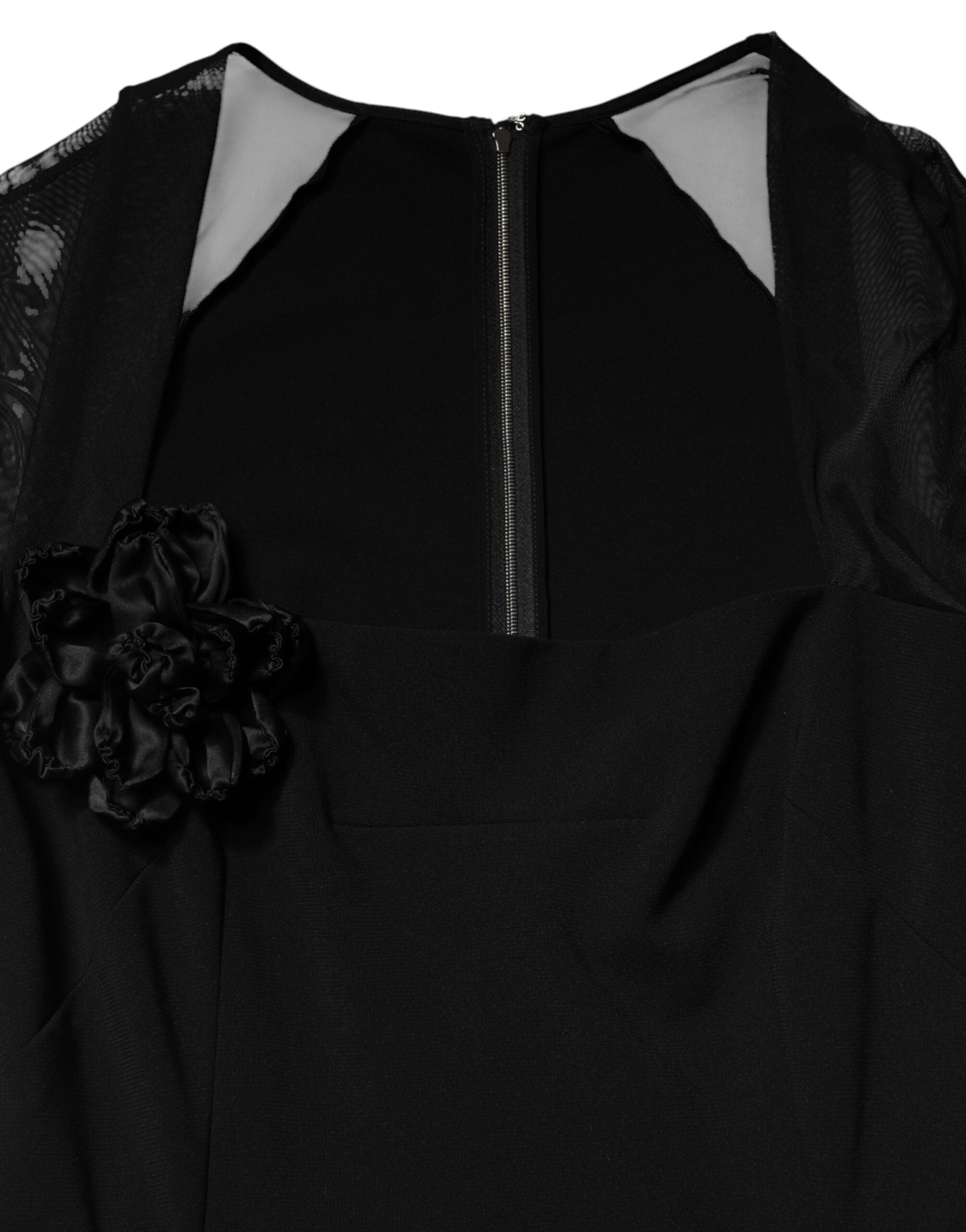 Dolce & Gabbana Schwarzes Etuikleid in Midi-Länge mit transparentem Einsatz und Rosetten-Applikation