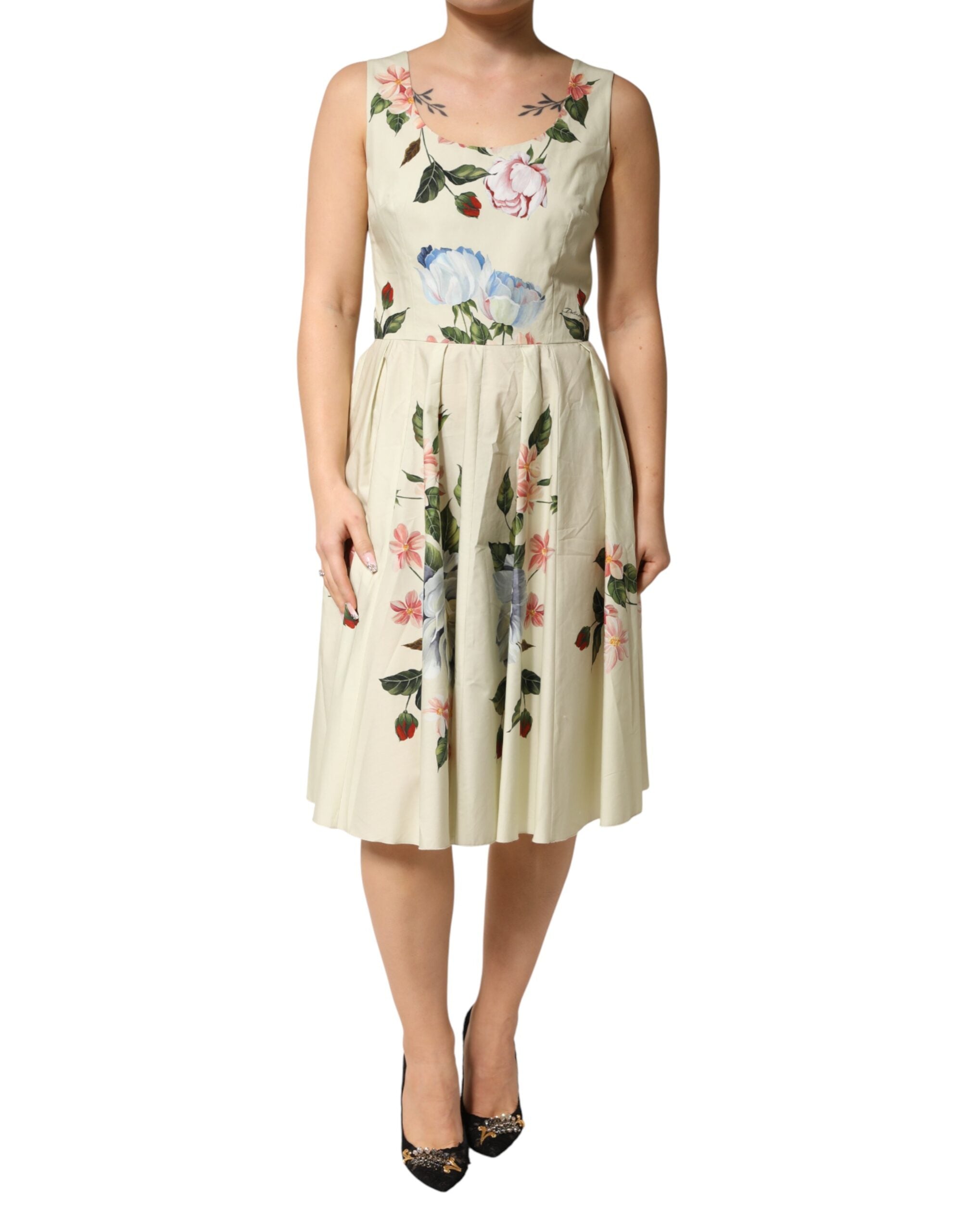 Dolce & Gabbana Ärmelloses A-Linien-Kleid in Beige mit Blumenprint
