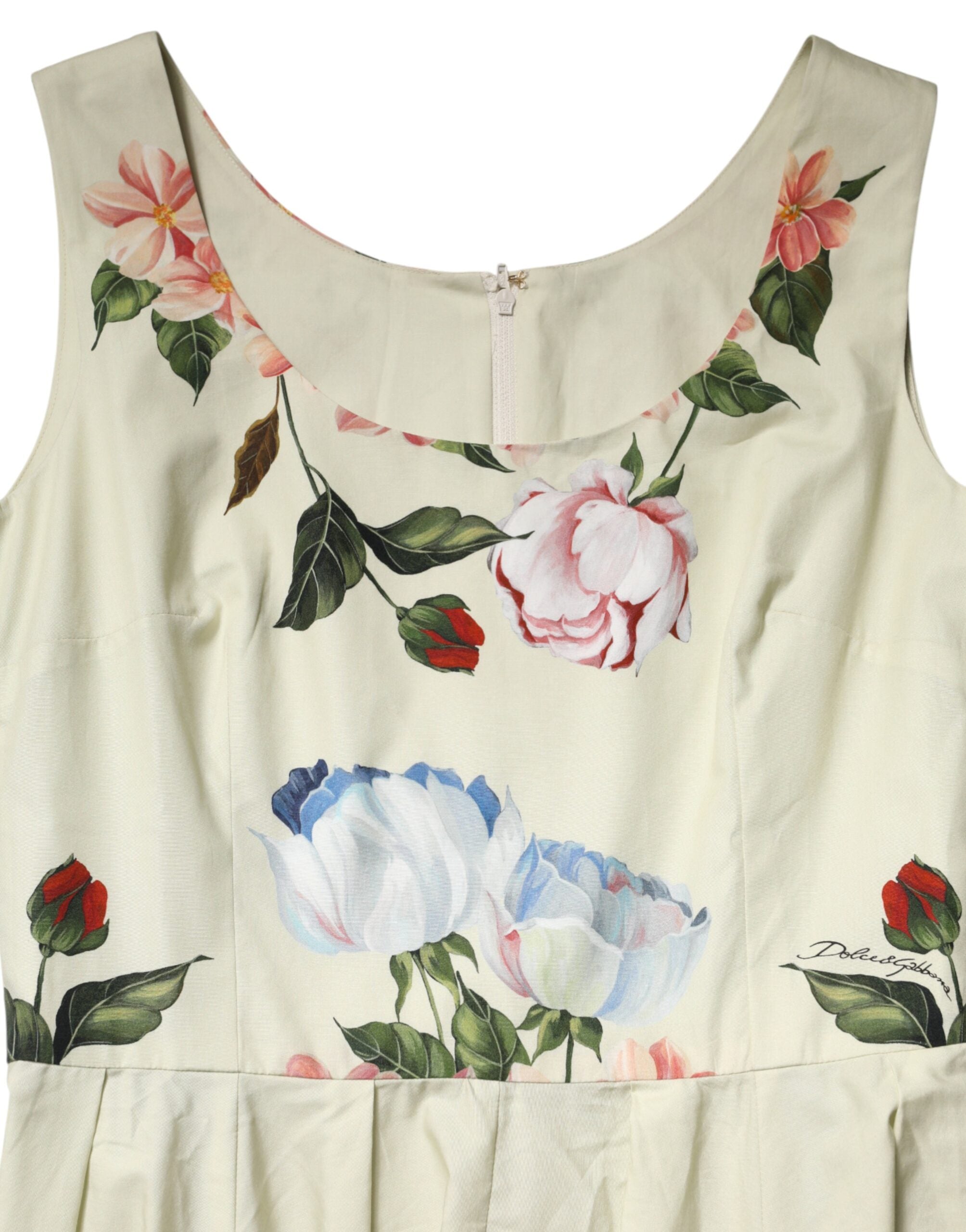 Dolce & Gabbana Ärmelloses A-Linien-Kleid in Beige mit Blumenprint