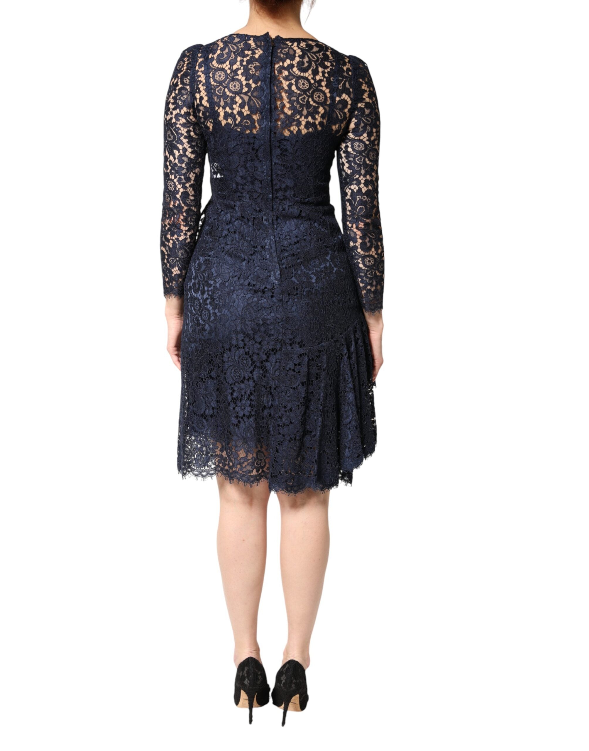 Dolce & Gabbana Blaues Spitzenkleid mit Rüschen in A-Linie, knielang