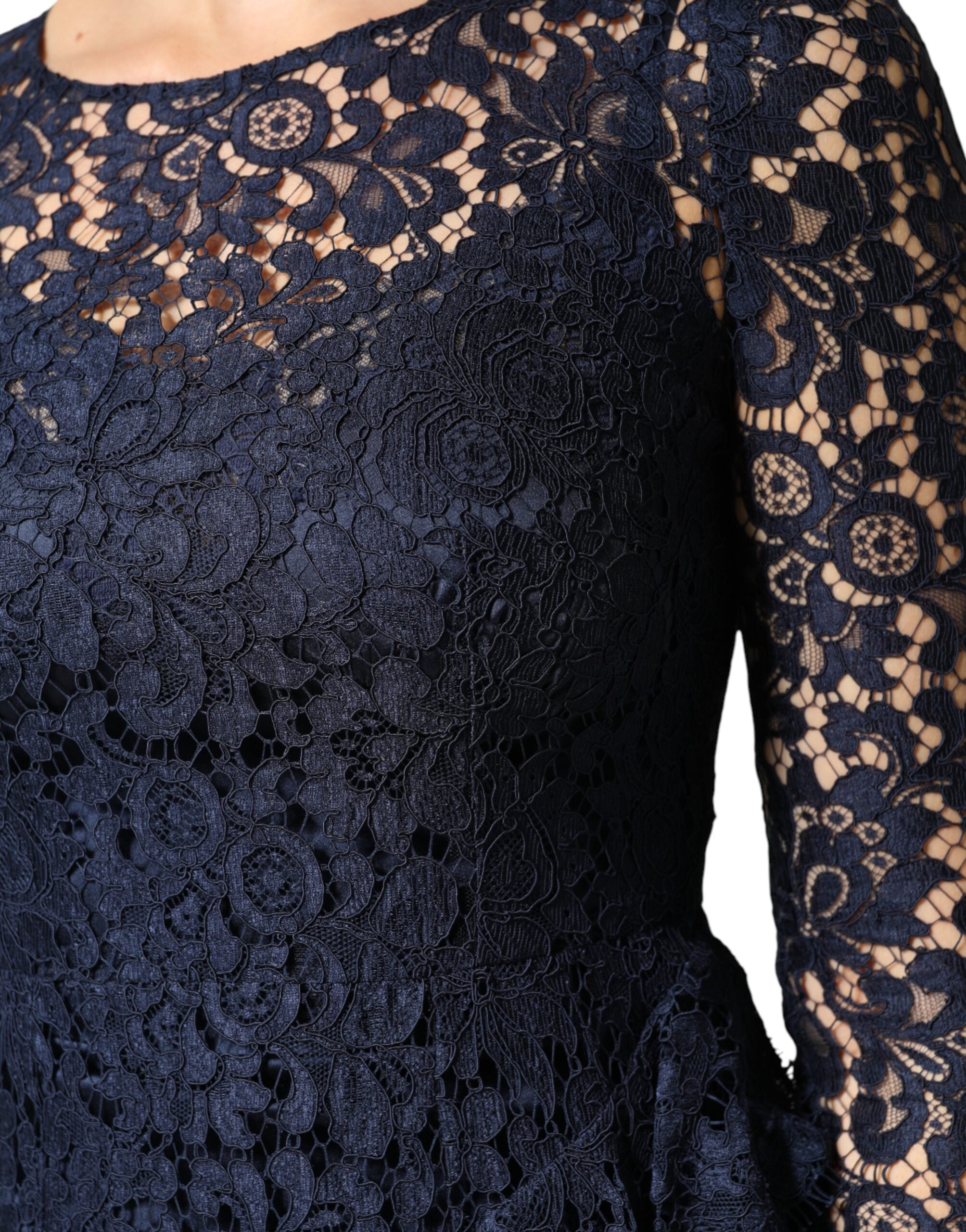 Dolce & Gabbana Blaues Spitzenkleid mit Rüschen in A-Linie, knielang