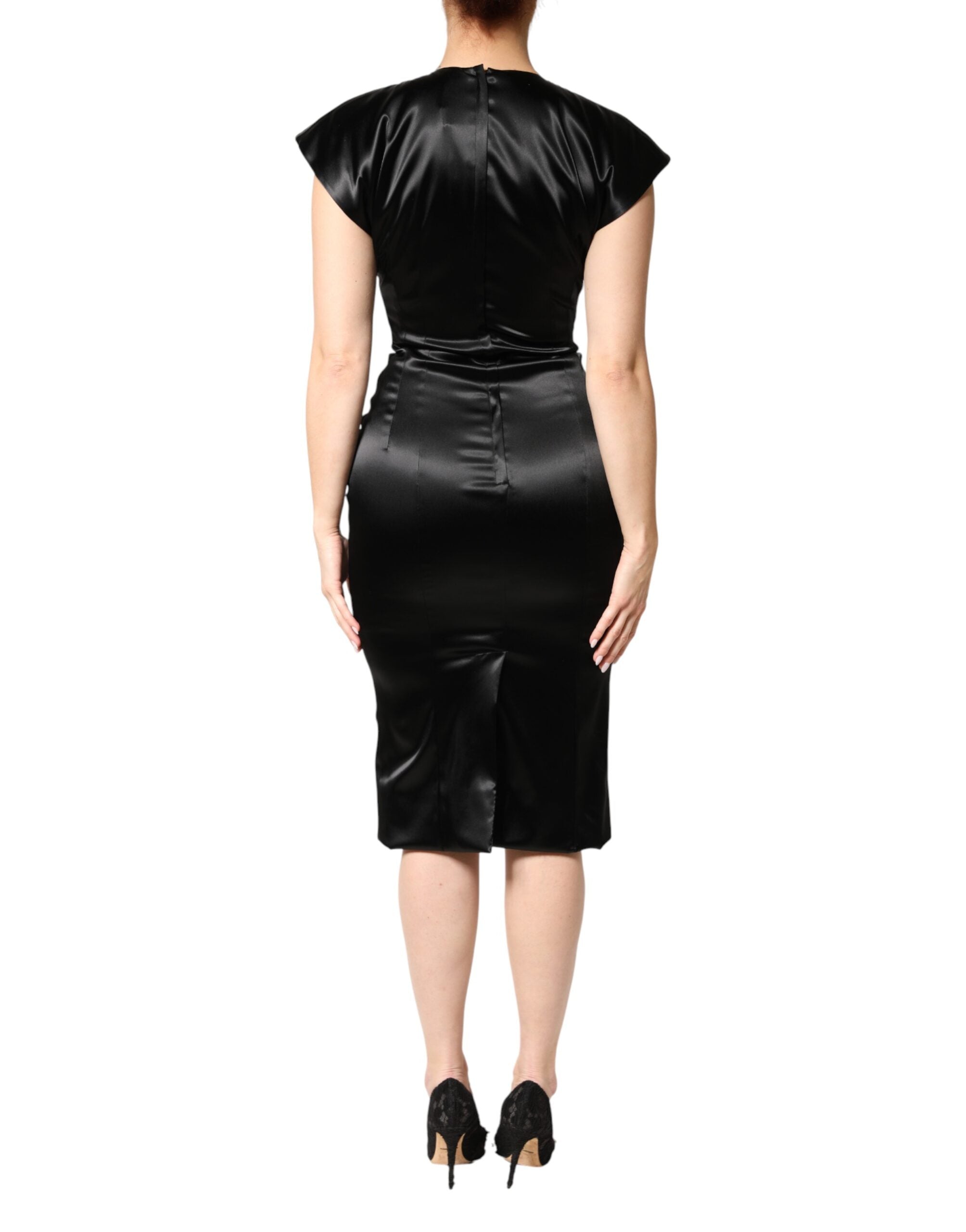 Dolce & Gabbana Schwarzes Etuikleid aus Satin mit kurzen Ärmeln, Midi-Länge