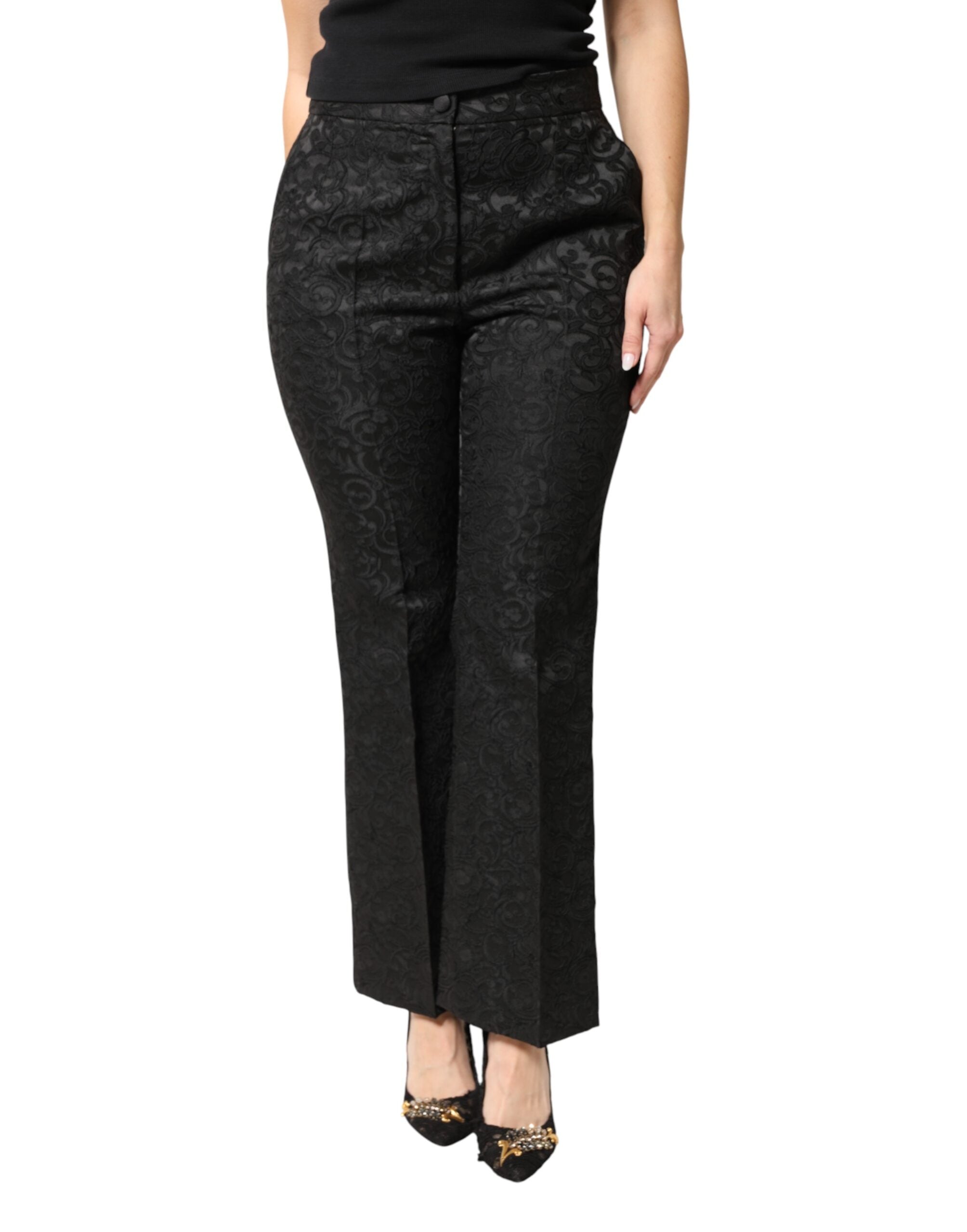 Dolce & Gabbana Schwarze Hose aus floralem Brokat mit hoher Taille