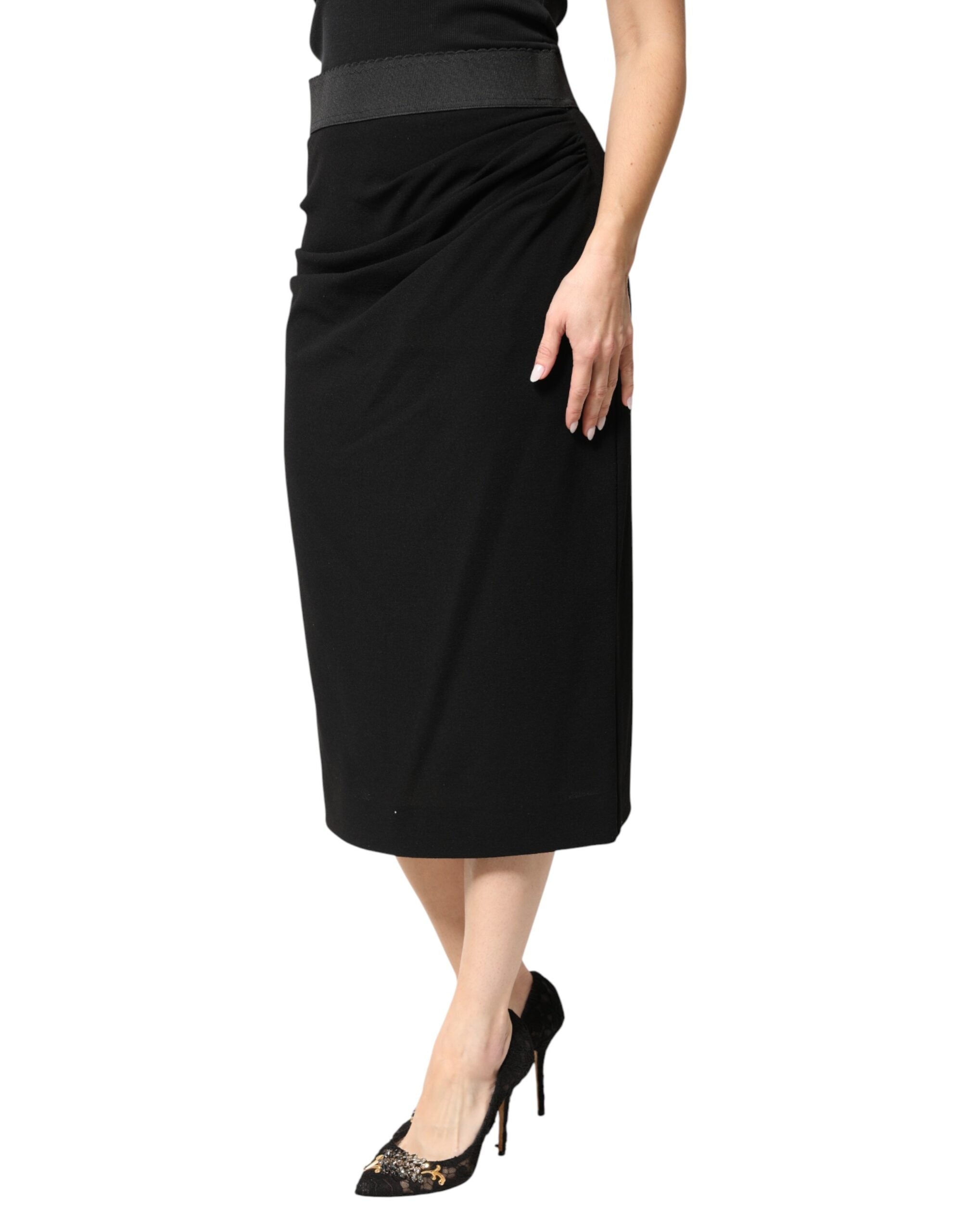 Dolce & Gabbana Schwarzer Woll-Bleistiftrock mit hoher Taille und Midi-Länge