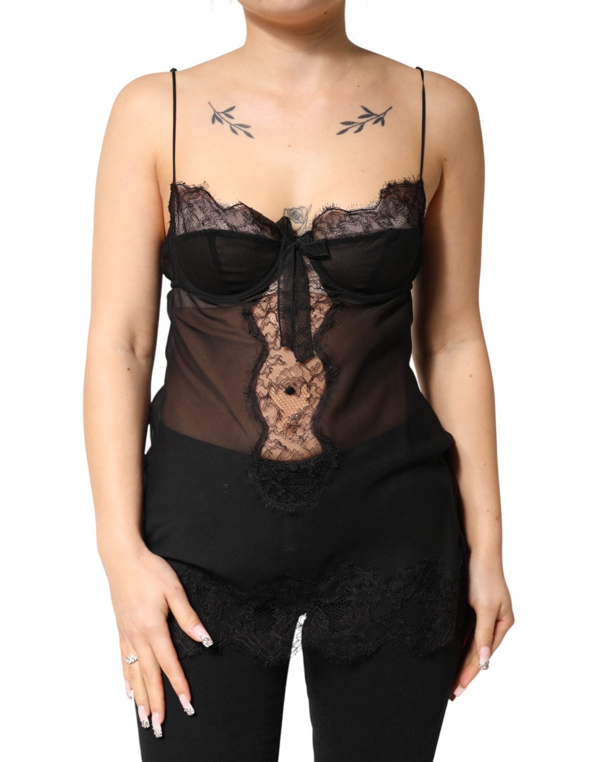 Dolce & Gabbana Schwarzes Seiden-Chemise mit floraler Spitze