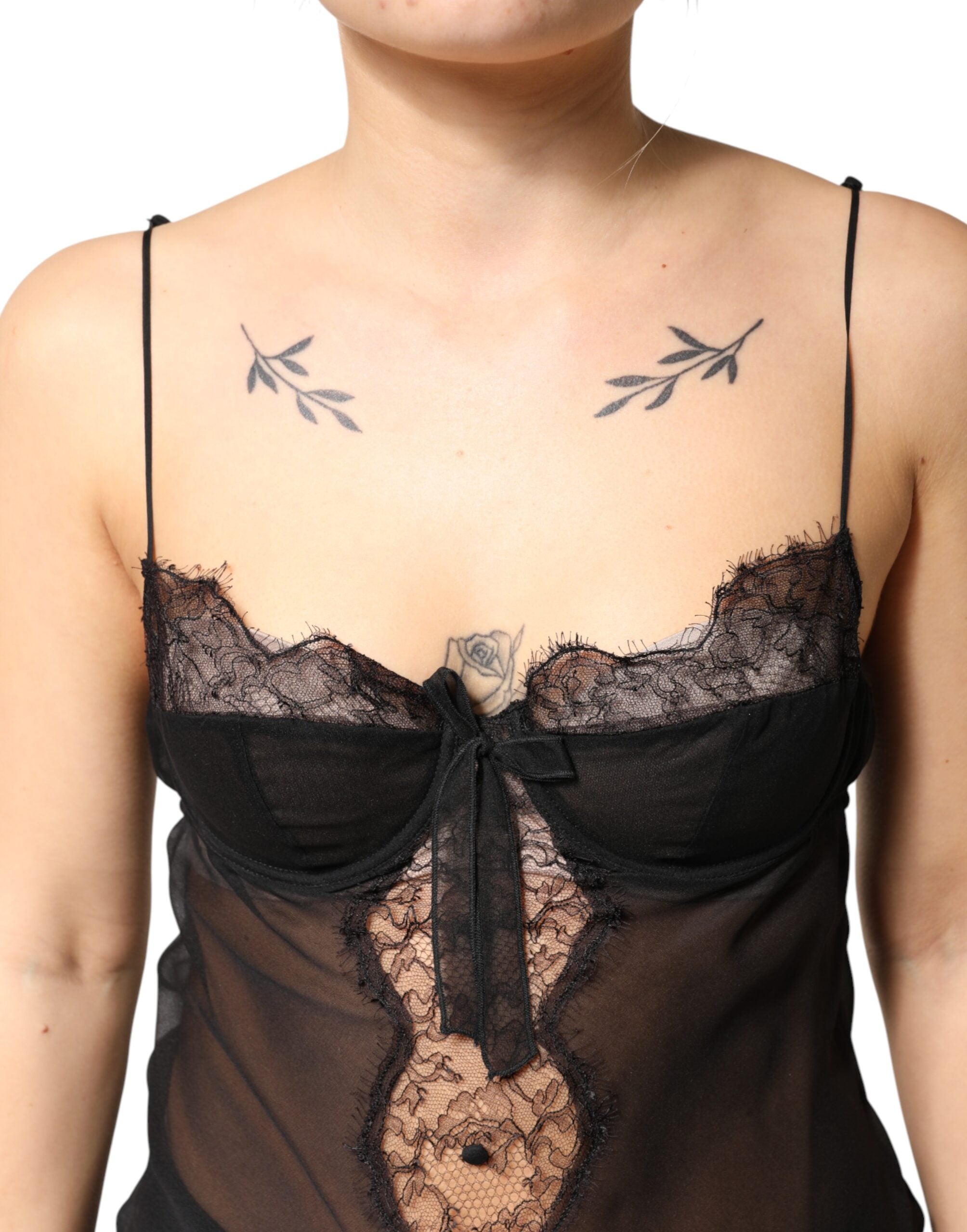 Dolce & Gabbana Schwarzes Seiden-Chemise mit floraler Spitze