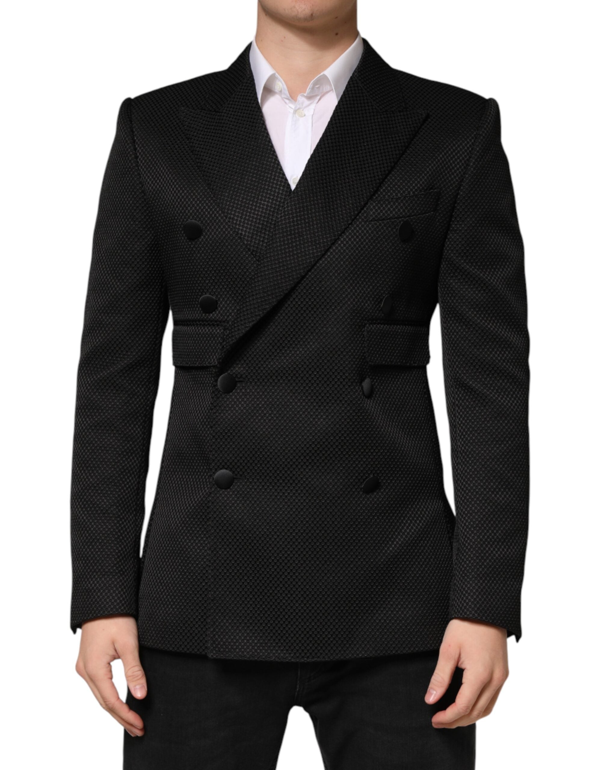 Dolce & Gabbana Schwarzer Baumwoll-Zweireiher-Blazer mit 2 Knöpfen