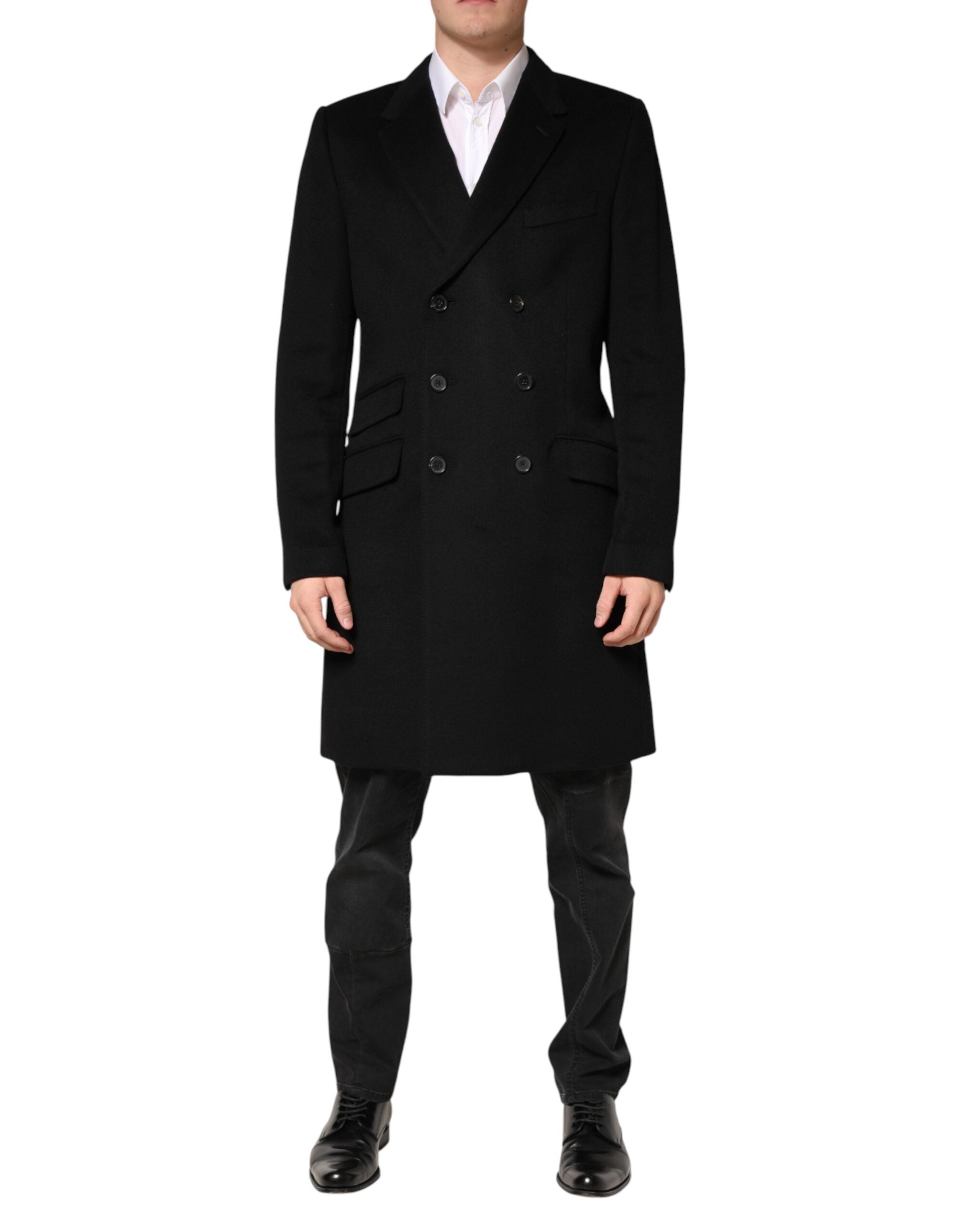 Dolce & Gabbana Schwarzer Woll-Trenchcoat mit doppelreihiger Knopfleiste