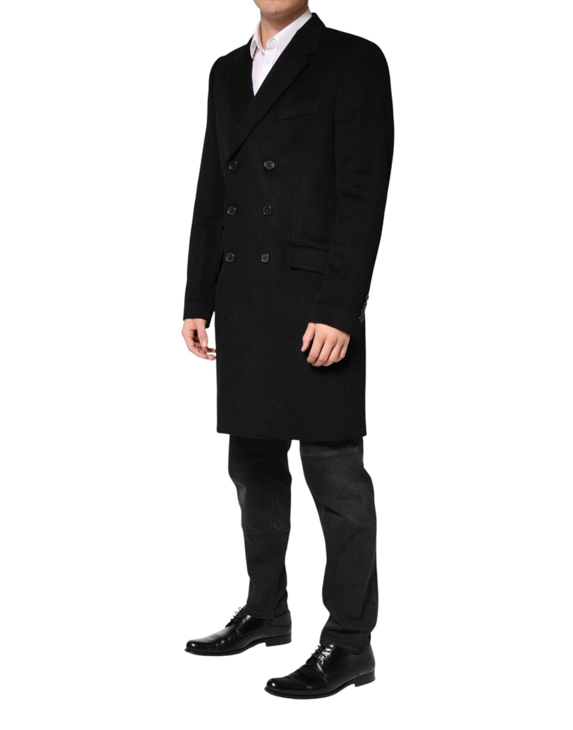 Dolce & Gabbana Schwarzer Woll-Trenchcoat mit doppelreihiger Knopfleiste