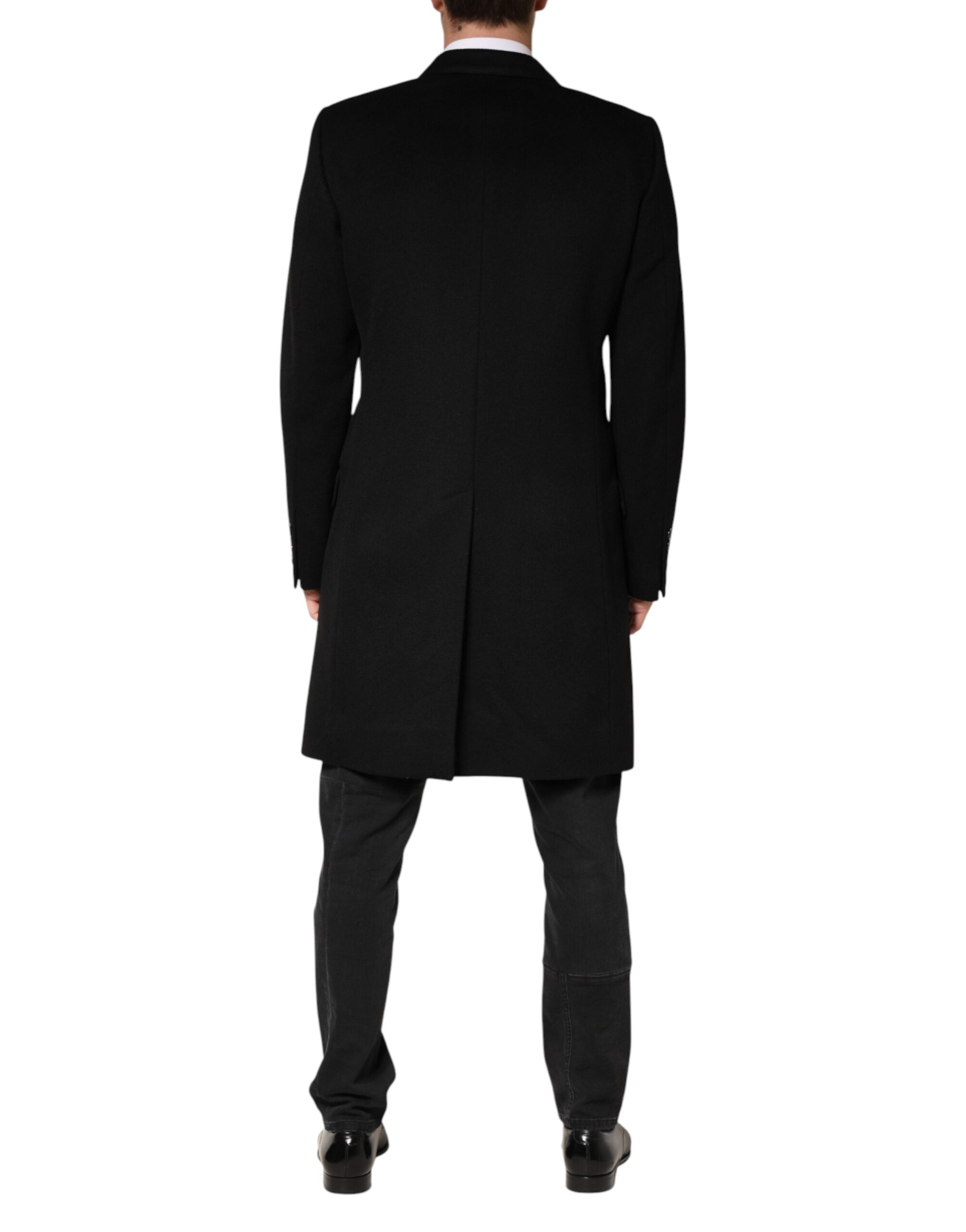 Dolce & Gabbana Schwarzer Woll-Trenchcoat mit doppelreihiger Knopfleiste