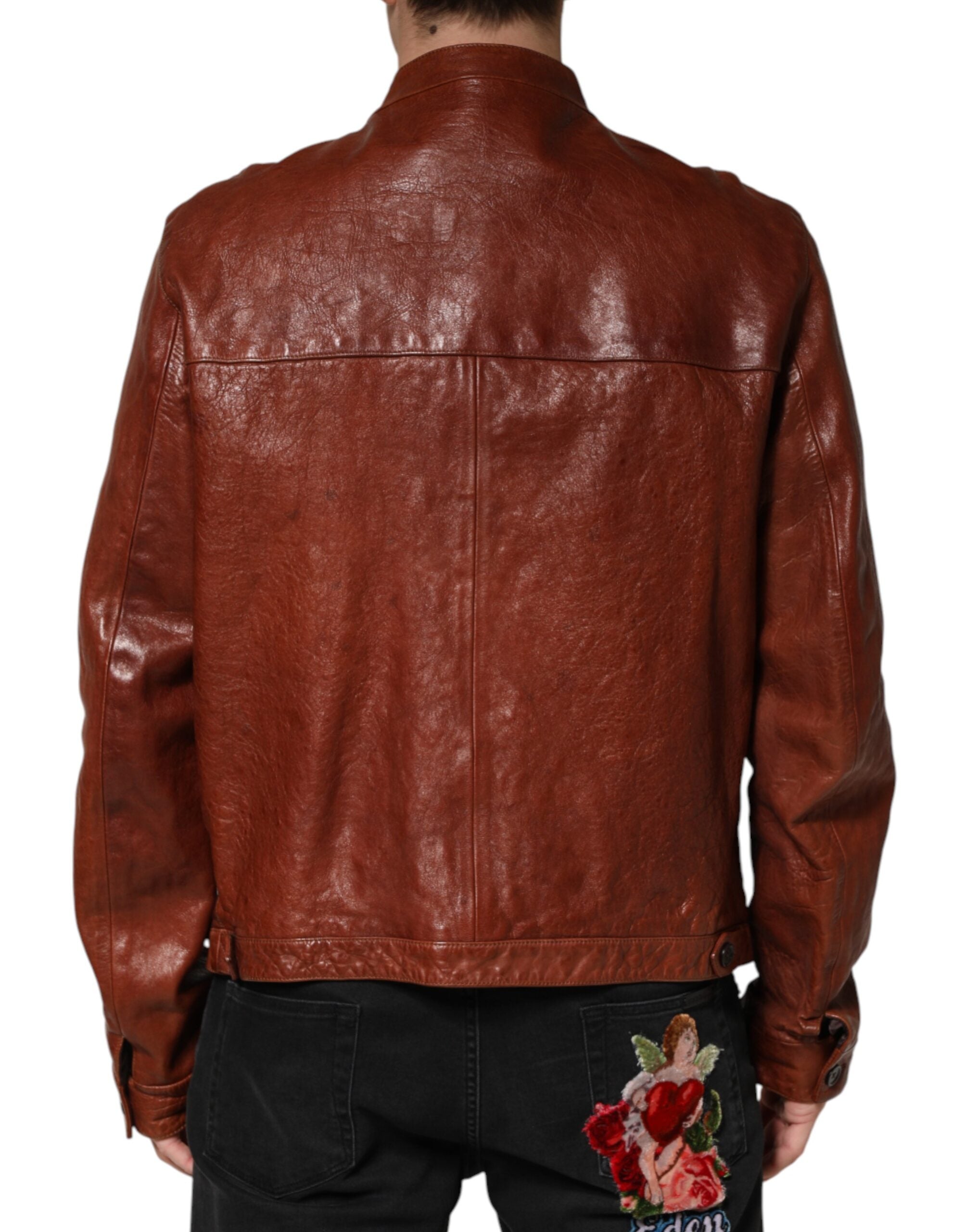 Dolce & Gabbana Braune Leder-Bikerjacke mit Knopfleiste für Herren