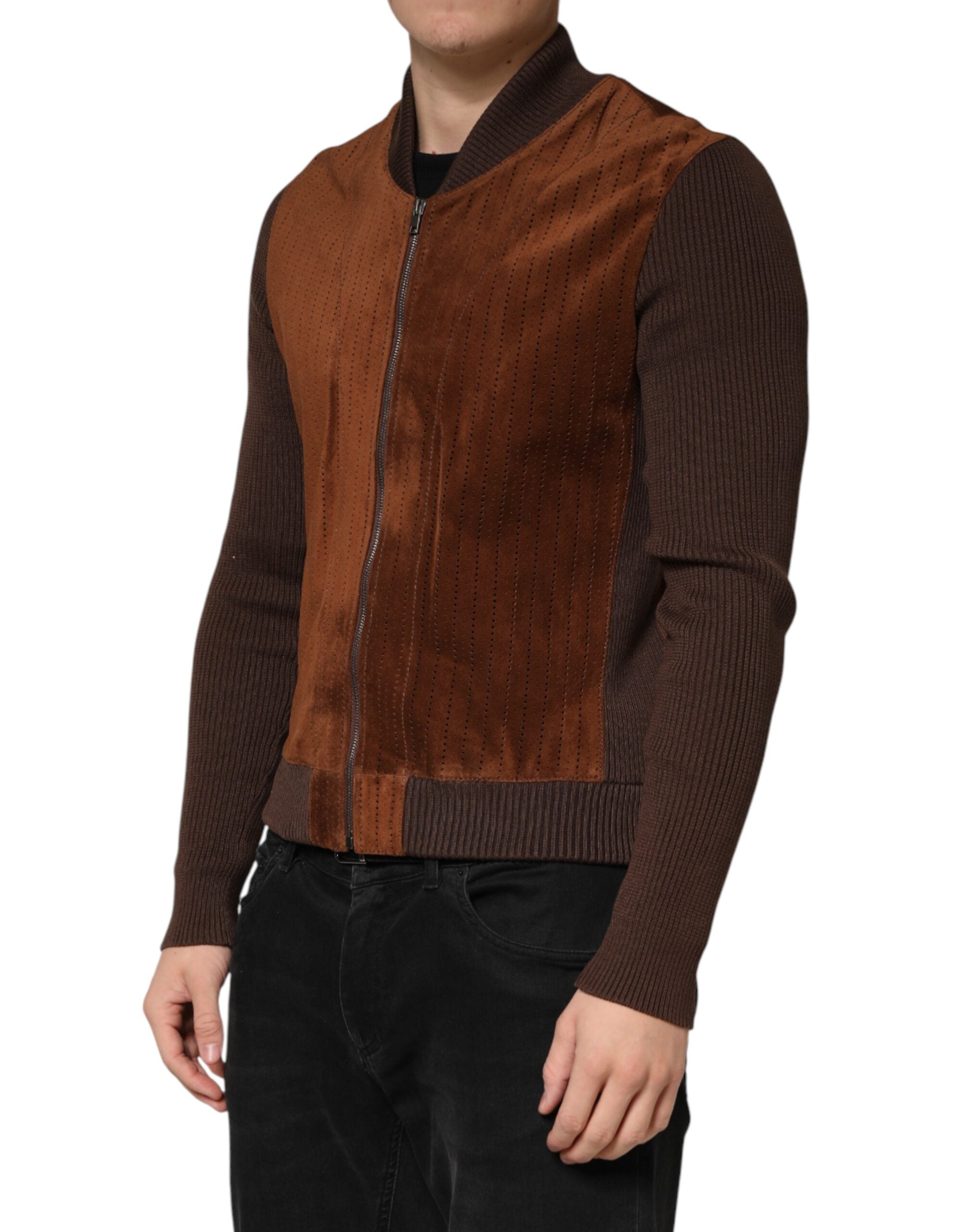 Dolce & Gabbana Braune Veloursleder-Kalbsleder-Bikerjacke mit durchgehendem Reißverschluss