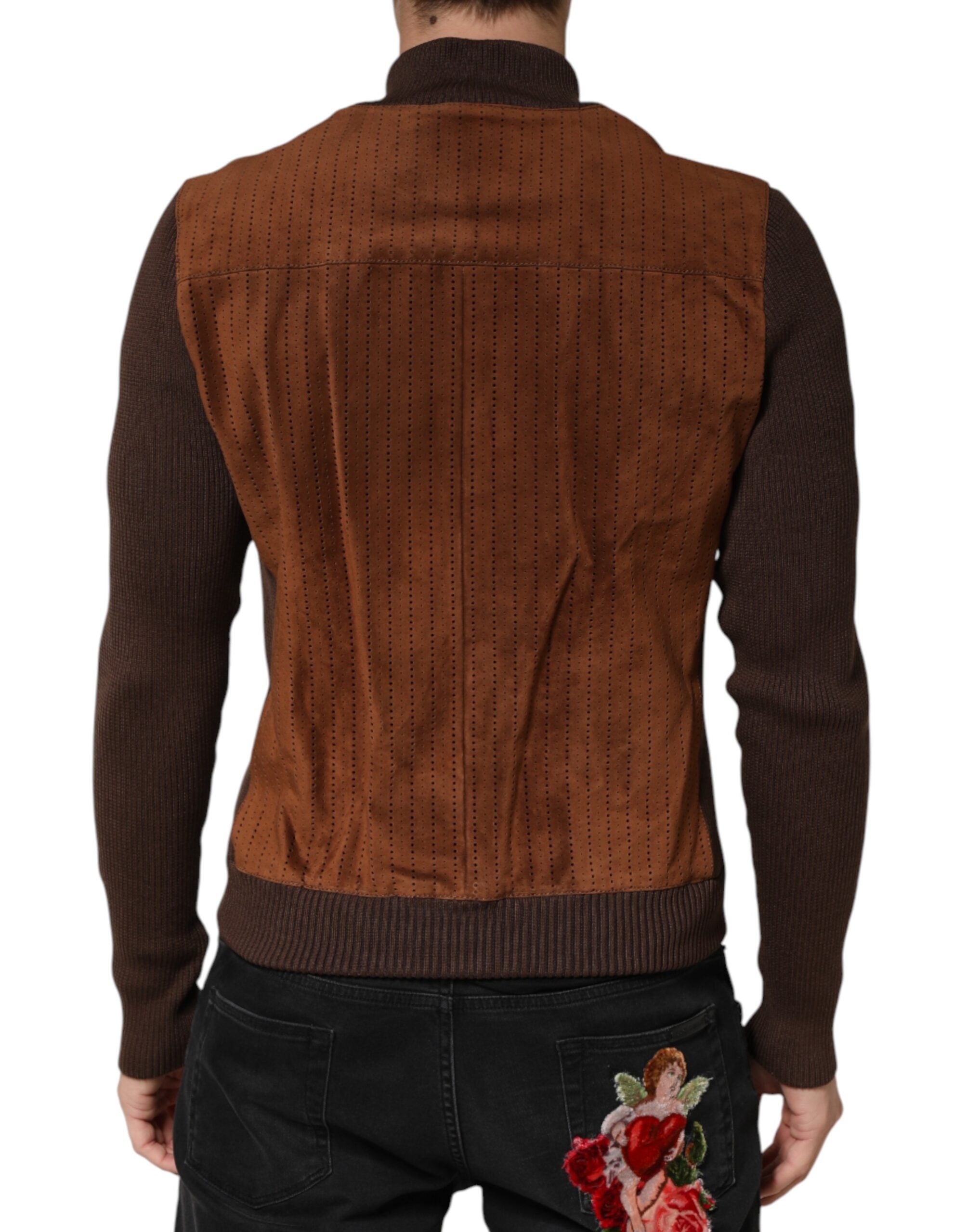 Dolce & Gabbana Braune Veloursleder-Kalbsleder-Bikerjacke mit durchgehendem Reißverschluss